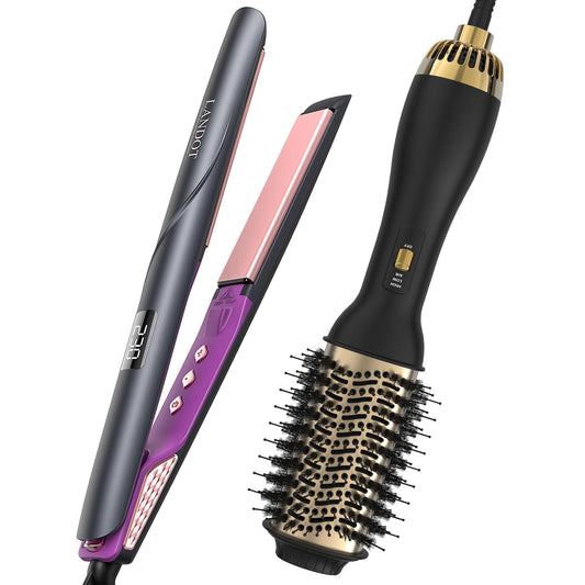 LANDOT Hair Blow Dryer Brush and Volumizer Add Flat Iron Hair Straightener 1-inch Set - Hair Styling Tools for Drying Straightening Volumizing Curling Hair