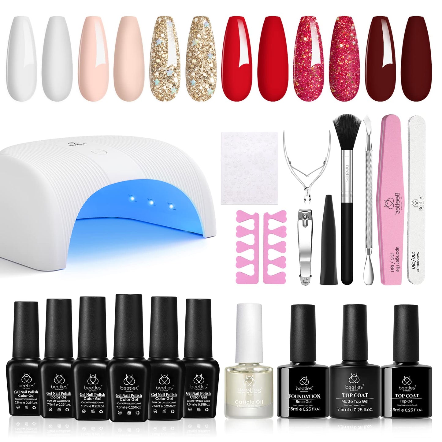 Beetles 20 Pcs Gel Nail Polish Kit with U V Light, 6 Holiday Waltz Colors Led Nail Lamp Glitter Red White Gel Nail Polish Set Starter Kit Manicure Soak off Salon DIY Home Nail Decoration