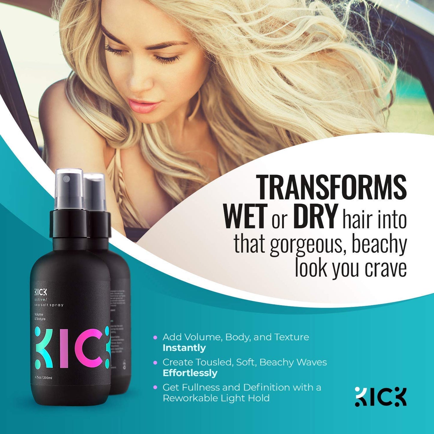 Kick Shampoo +Conditioner +Sea Salt Spray-Style Essentials Bundle High Performance Anti-Dandruff Cleansing/Conditioning for Thinning Hair, Natural Texturizing Spray for Volume-For Men & Women