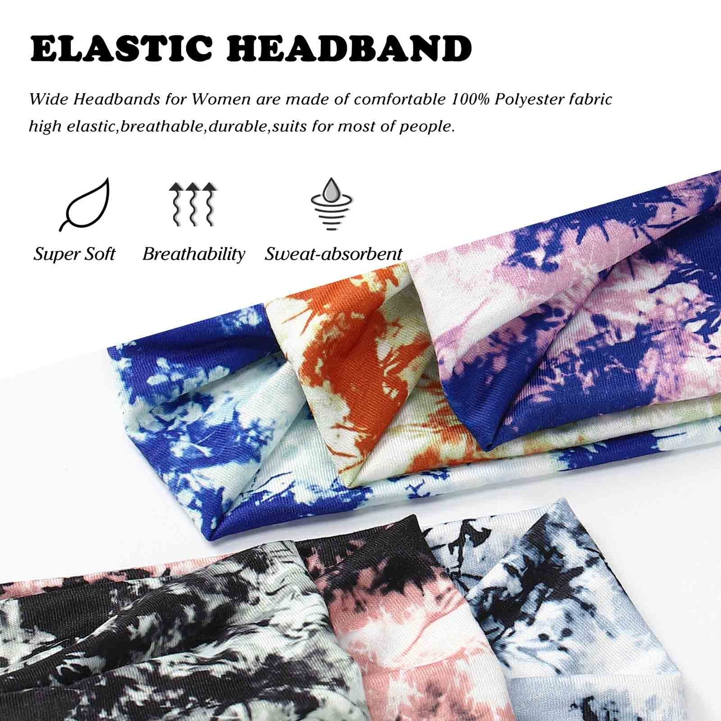 Olbye Boho Headbands Women Wide Knotted Headband Non Slip Elastic Hairbands Tie Dye Turban Head Wraps Workout Sports Yoga Sweatband Bohemian Head Bands for Women Fashion Hair Accessories Pack of 6