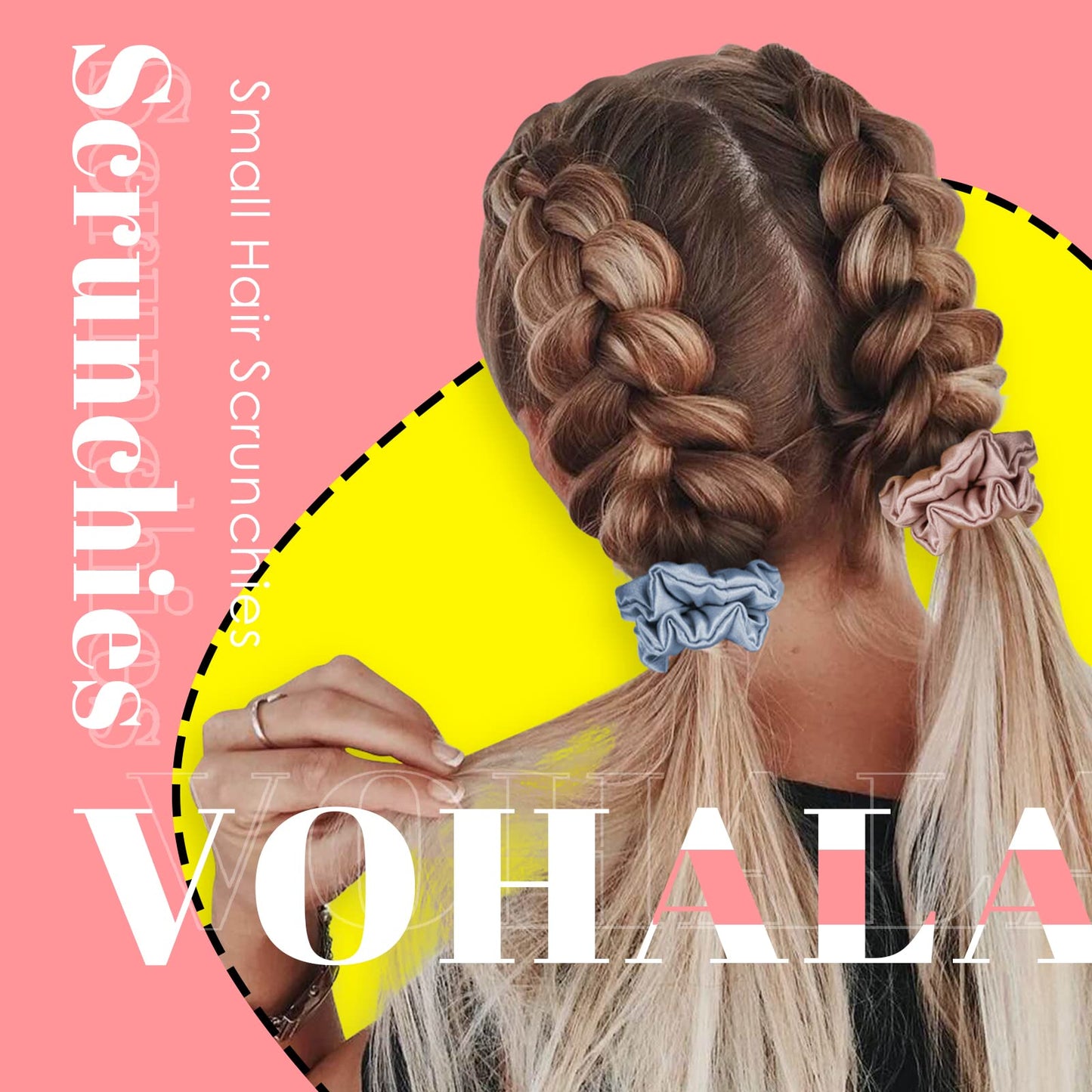 VOHALA 30 Momme Mulberry Small Silk Scrunchies, 5PCS Skinny Silk Scrunchies for Hair & 2PCS Strong Hair Ties Ponytail Holder, Total 7PCS No Damage Luxury Hair Ties for Women (Black+Blue+Pink+Champagne+Beige)