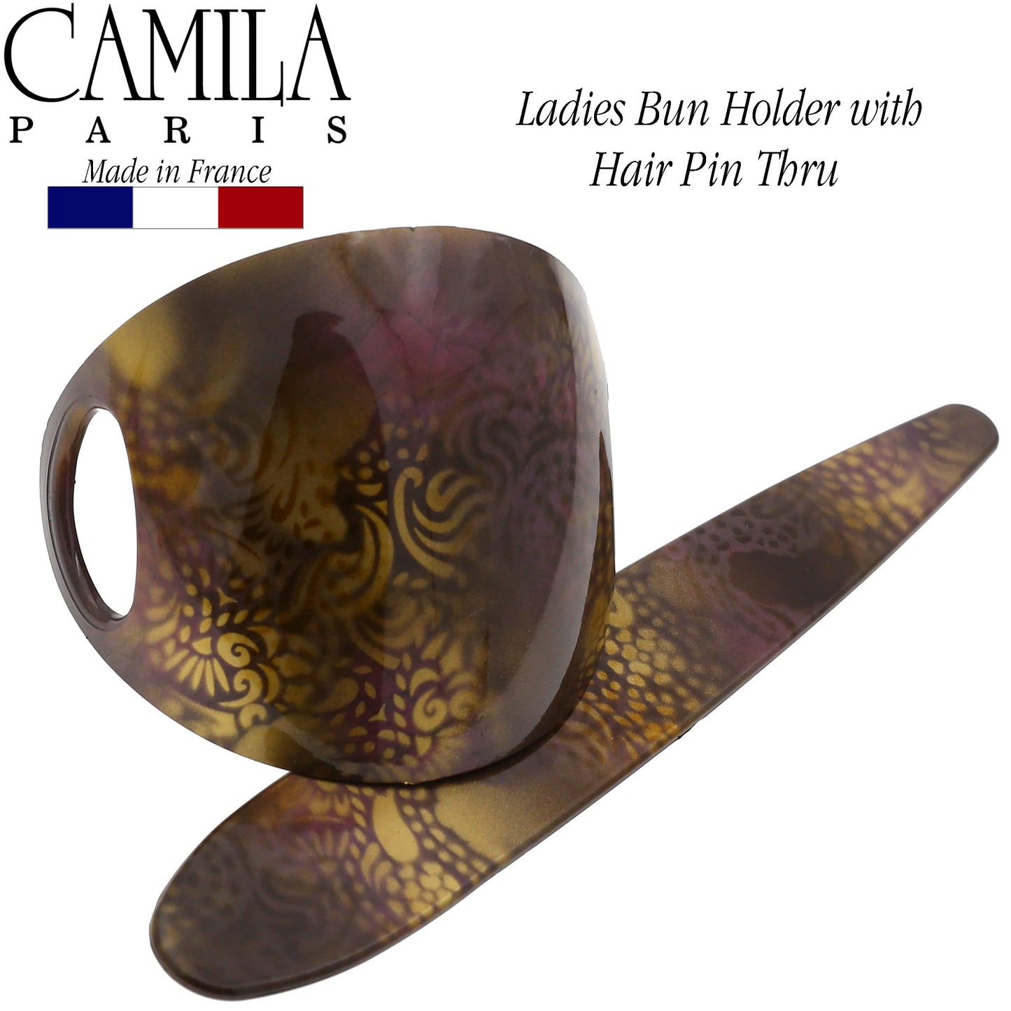 Camila Paris CP3242 French Hair Bun Holder Cover Cap Hair Updo, Brown, Hair Pin Thru, Strong Hold Grip Hair Clips for Women, No Slip and Durable Styling Girls Hair Accessories, Made in France