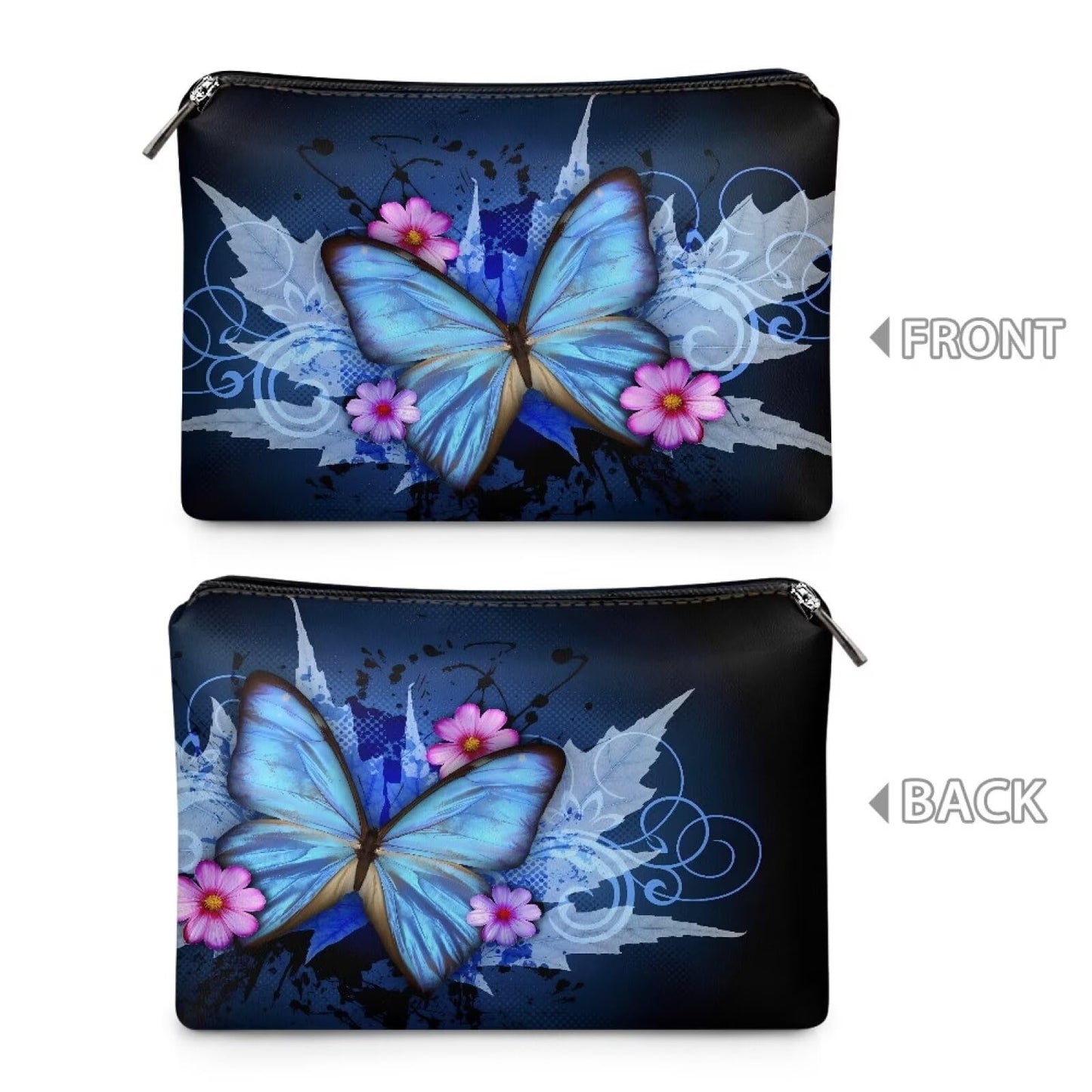 ELEDIZI Blue Butterfly Makeup Bag Leather Lipstick Case Portable Toiletry Pouch Purse Size Cosmetic Bags for Women Waterproof Makeup Brush Pouch Aesthetic Clutch Wallet Birthday Day Gifts for Her