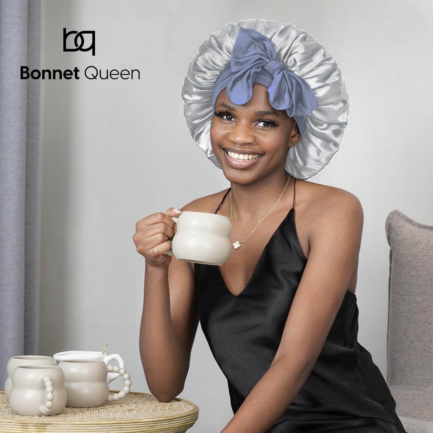 BONNET QUEEN Silk Bonnet for Sleeping Women Satin Bonnet Hair Bonnet Night Sleep Cap Scarf wrap for Curly Hair with tie Band Silver Grey