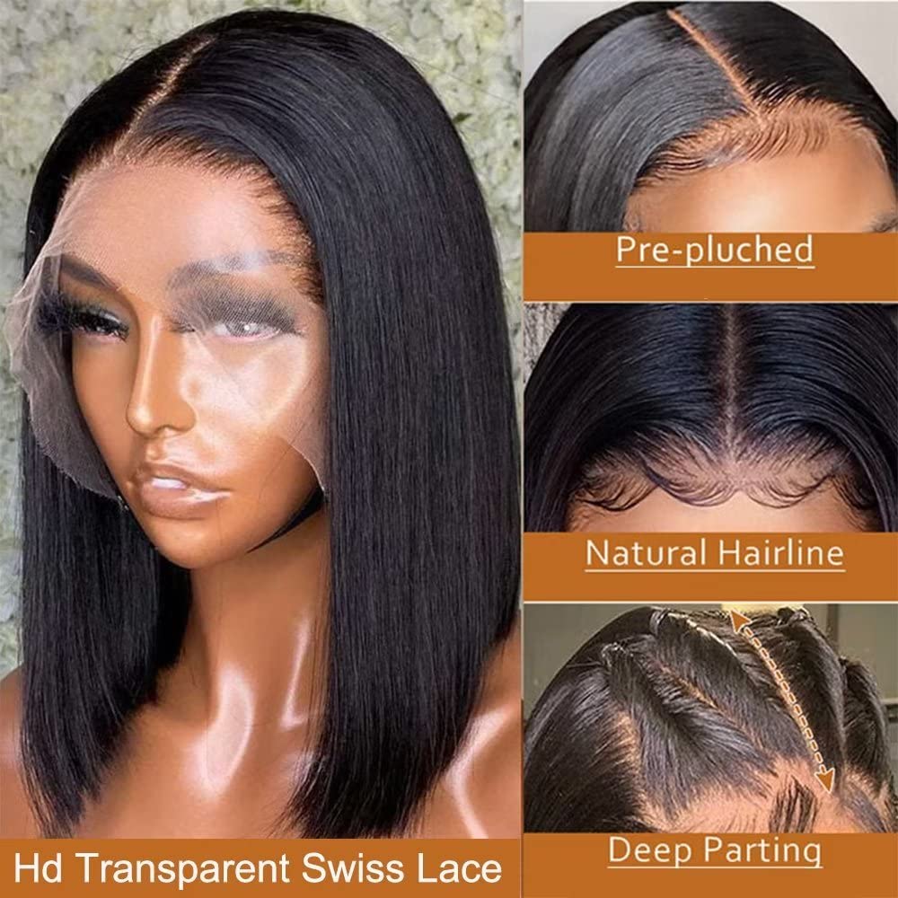 MYouan Glueless Bob Wig Human Hair Really Big 13x4 HD Lace Front Wigs 180% Density Pre Plucked with Baby Hair Natural Black 12 inches