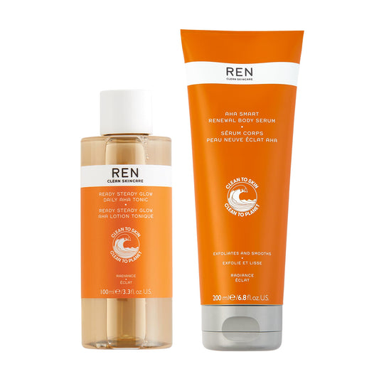 REN Clean Skincare - AHA Body Serum & Facial Toner Bundle - Glow Delivers 7 Skin-Resurfacing Benefits & Smart Renewal Smooths KP Keratosis Pilaris for Brighter Skin Tone - 2 pk