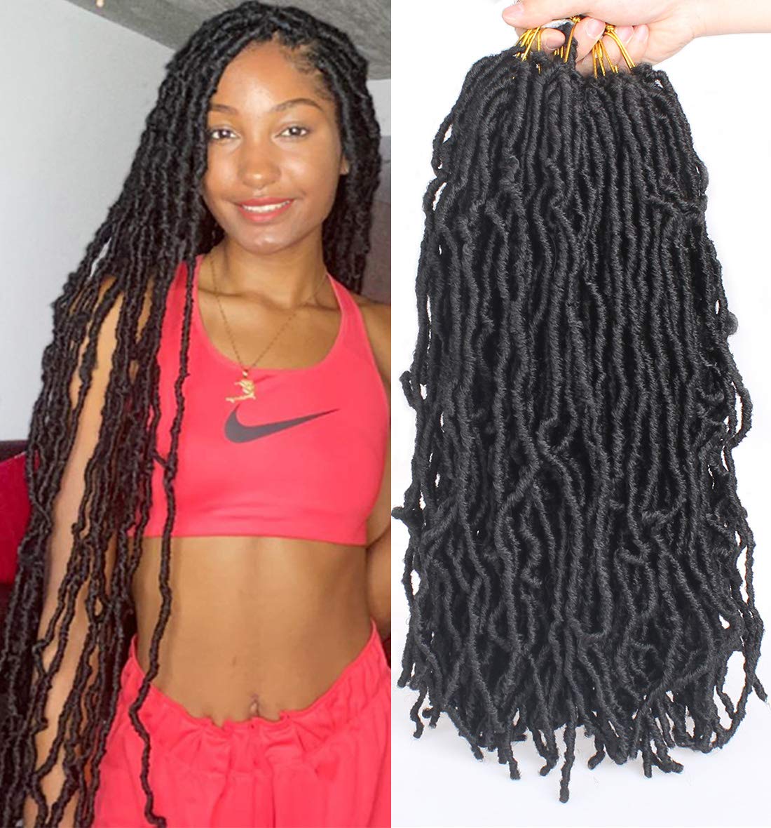 Leeven 24 Inch Long Messy Faux Locs Crochet Braids Hair 7 Packs Natural Black Distressed Faux Soft Locs Crochet Hair 18 Strands/Pack Pre-looped Goddess Locs Crochet Braiding Hair