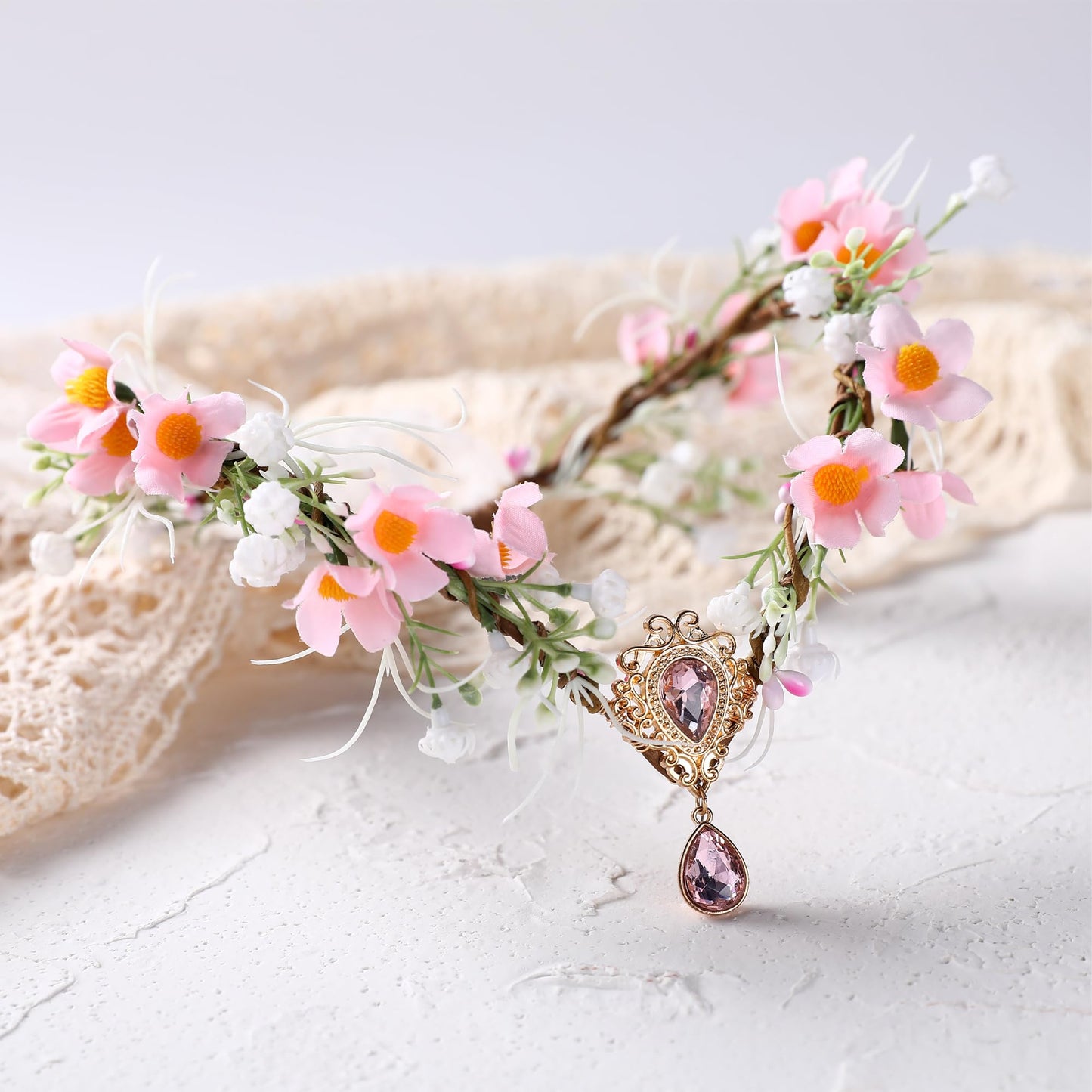 MOSTORY Pink Flower Elf Crown - Handmade Woodland Fairy Headpiece Forest Floral Headband with Crystal Elven Flower Circlet for Women Girls Cosplay Renaissance Mardi Gras