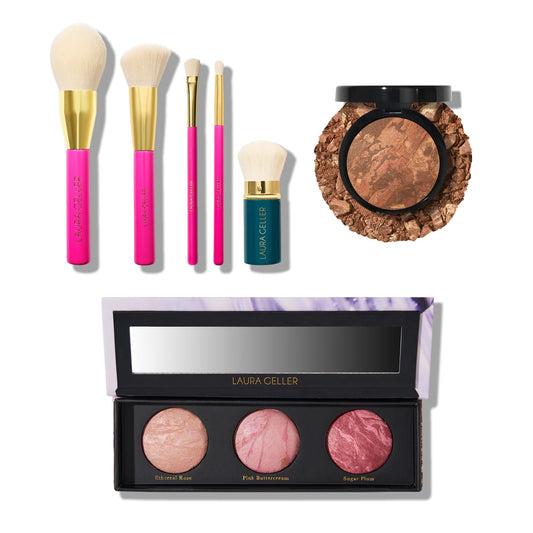 LAURA GELLER NEW YORK Baked Balance-n-Brighten Powder Foundation, Deep + Geller's Greatest Brush Trio + 5pc Full Face Makeup Brush Set | Amazon Exclusive |