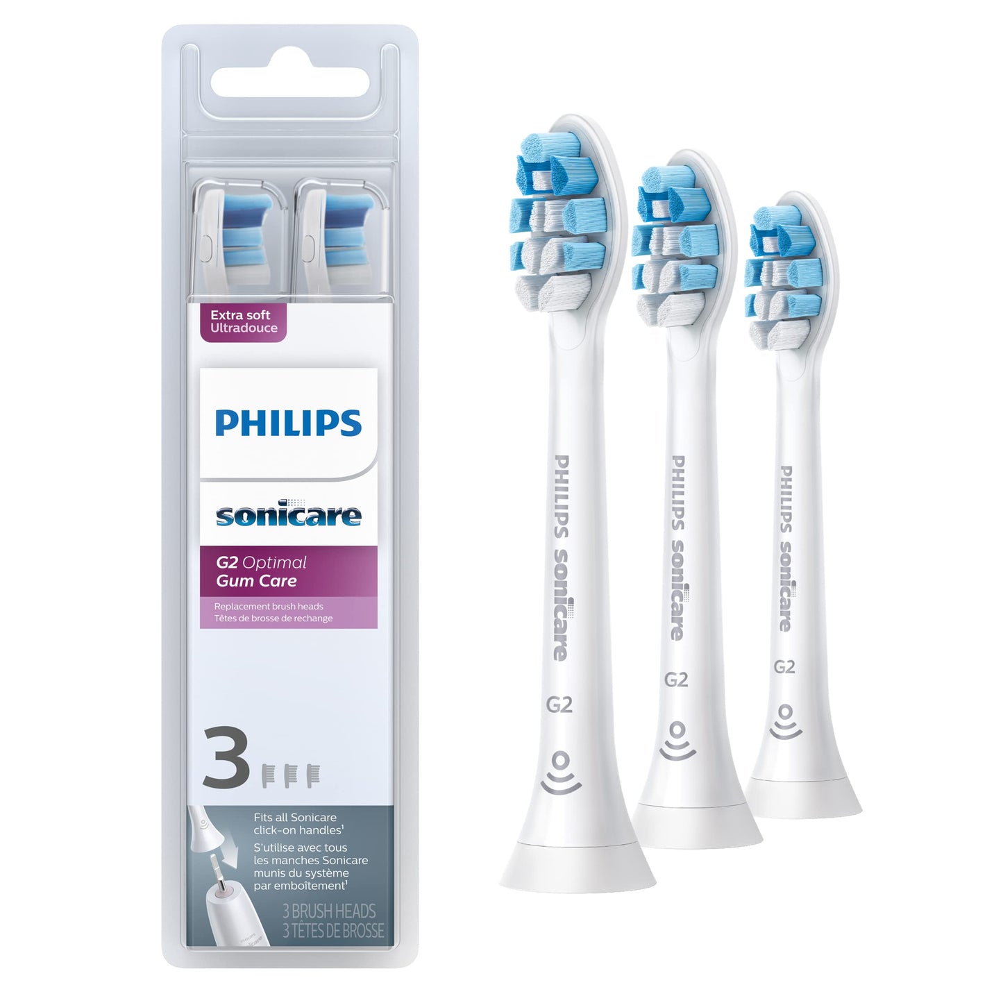 Philips Sonicare Genuine Sensitive Replacement Toothbrush Heads for Sensitive Teeth, 3 Brush Heads, White, HX6053/64 | Philips Sonicare Genuine G2 Optimal Gum Care Replacement Toothbrush Heads, 3 Brush Heads, White, HX9033/65