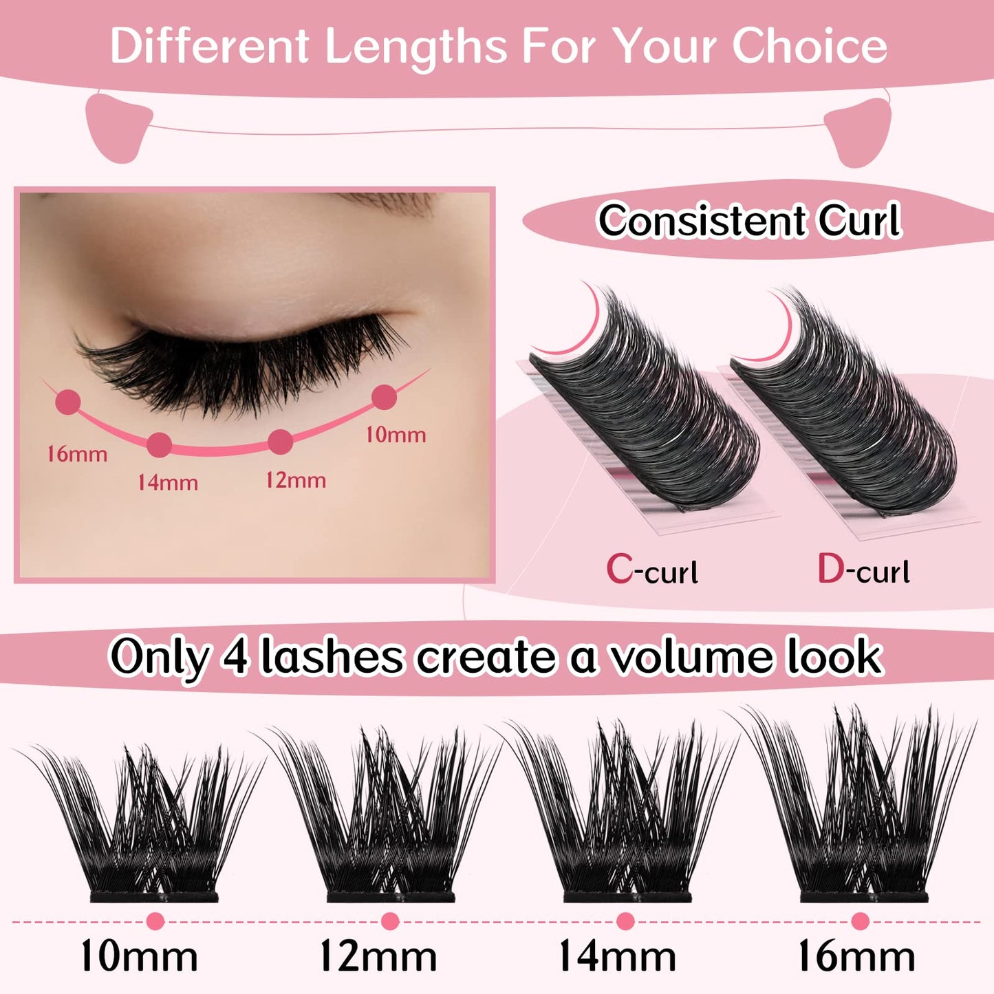 Cluster Lashes 72 Pcs Lash Clusters DIY Eyelash Extension Individual Cluster Eyelashes Blush Style Self-Application Fluffy Super Thin Band Reusable Soft & Comfortable(Blush-D-16mm)