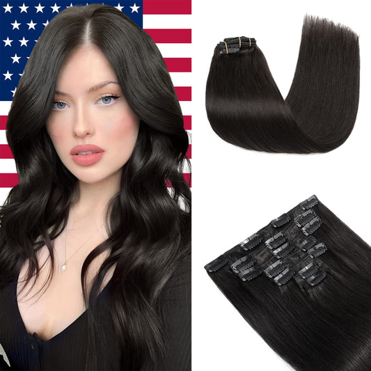 Elailite Clip in Human Hair Extensions, 125g 14 Inch 7pcs #1B Natural Black 100 Real Human Hair, Double Weft Handmade Soft Natural Straight Brazilian Virgin Remy Human Hair for Women