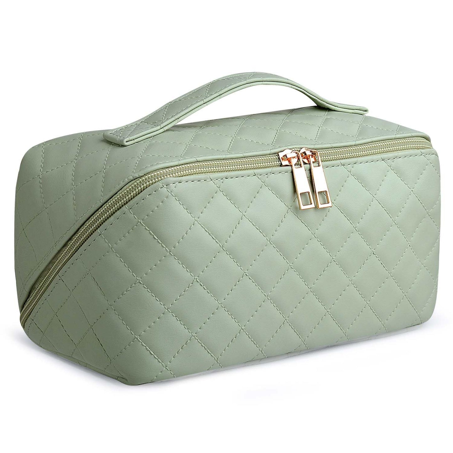 SLUKULU Large Travel Makeup Bag with Multiple Compartments, Waterproof and Easy to Clean. Cute Square Ladies Cosmetics Pouch with Carry Handle for Easy Carrying. (Diamond check/green)