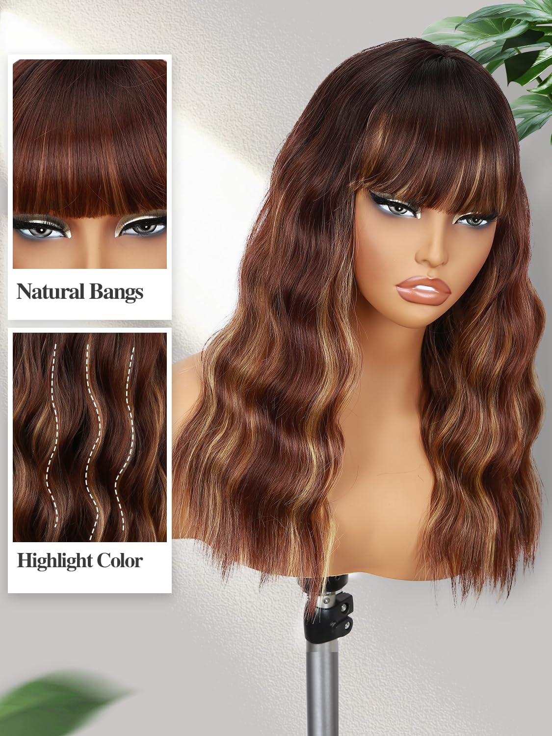 Fancy Hair Brown Highlight Wig With Bangs Medium Length Wavy Wig Synthetic Brown Mixed Blonde Natural Looking Wig With Bangs for Women Daily Party Use 18 Inch