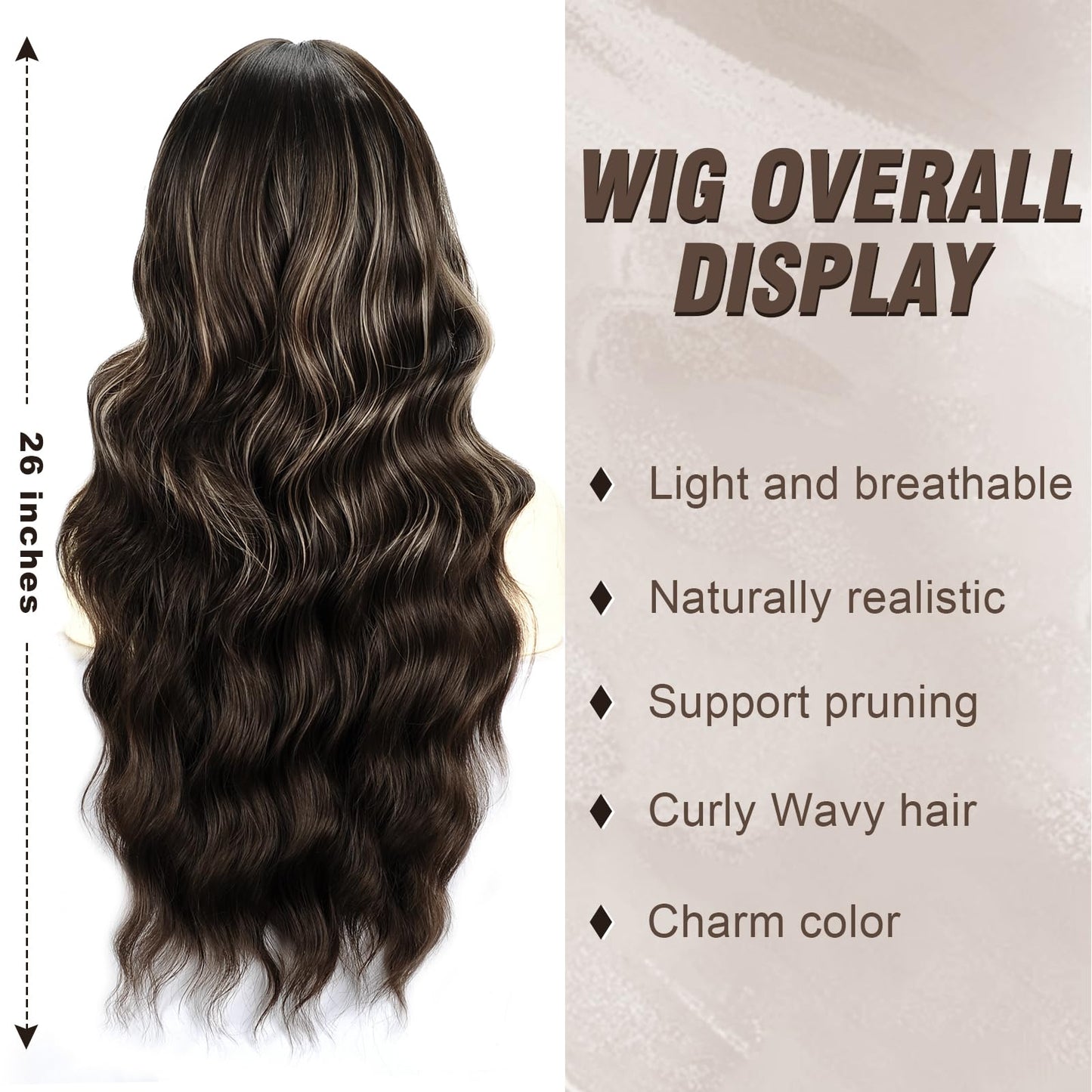 Remy Blue Long Brown Wig With Bangs for Women 26 Inch Long Wavy Hair Wig Brown Hightlight Curly Wavy Wig Natural Looking Synthetic Heat Resistant Fiber Wig for Daily Party Use