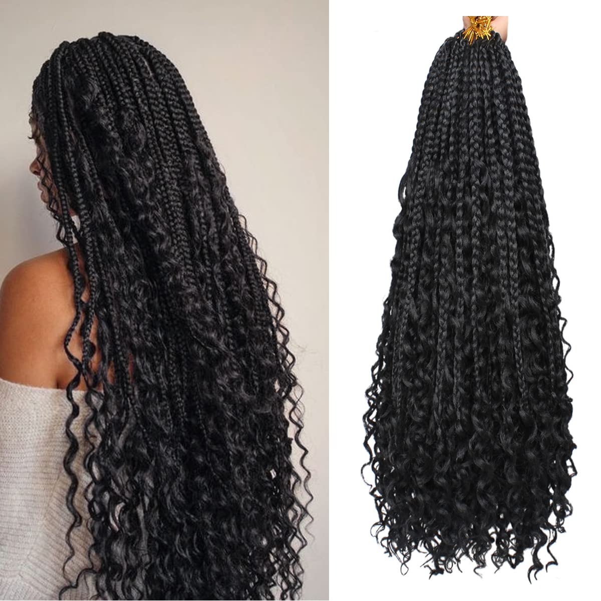 COOKOO 22 Inch Goddess Box Braids Crochet Hair for Women 8 Packs Synthetic Hippie Pre Looped Bohemian Boho Box Braids With Curly Ends Twist Braiding Hair 1B#