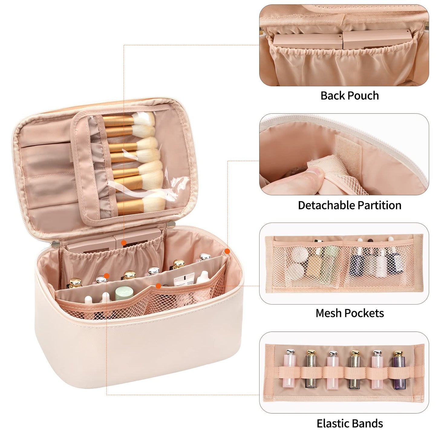 OCHEAL Makeup Bag, Portable Cosmetic Bag, Large Capacity Travel Makeup Case Organizer, Makeup Bags For Women Toiletry Bag for Girls Traveling With Handle and Divider- Beige