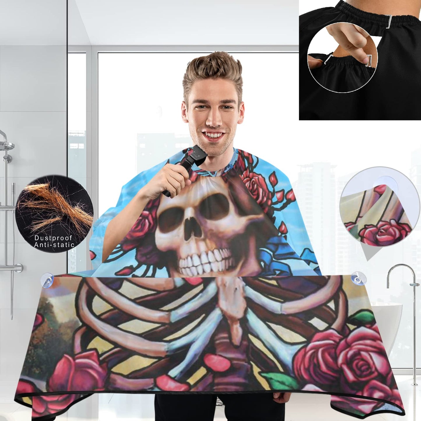 visesunny Barber Cape Flower Skull Polyester Hair Cutting Salon Cape Apron Anti-Static Haircut Water-Resistant Shaving Cloth Beard Shaving Bib Hairdressing Cape