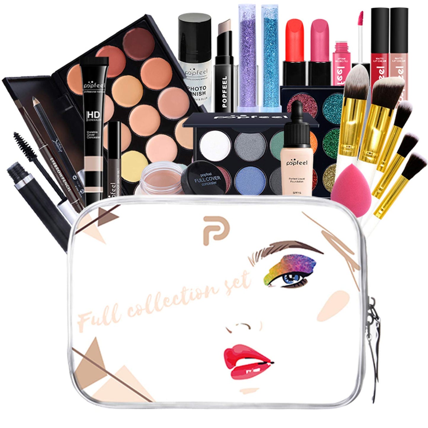 Pure Vie All-in-One Holiday Gift Surprise Makeup Set Essential Starter Bundle Include Eyeshadow Palette Lipstick Concealer Blush Mascara Eyeliner Face Powder Lipgloss Brush - Full Makeup Kit for Women