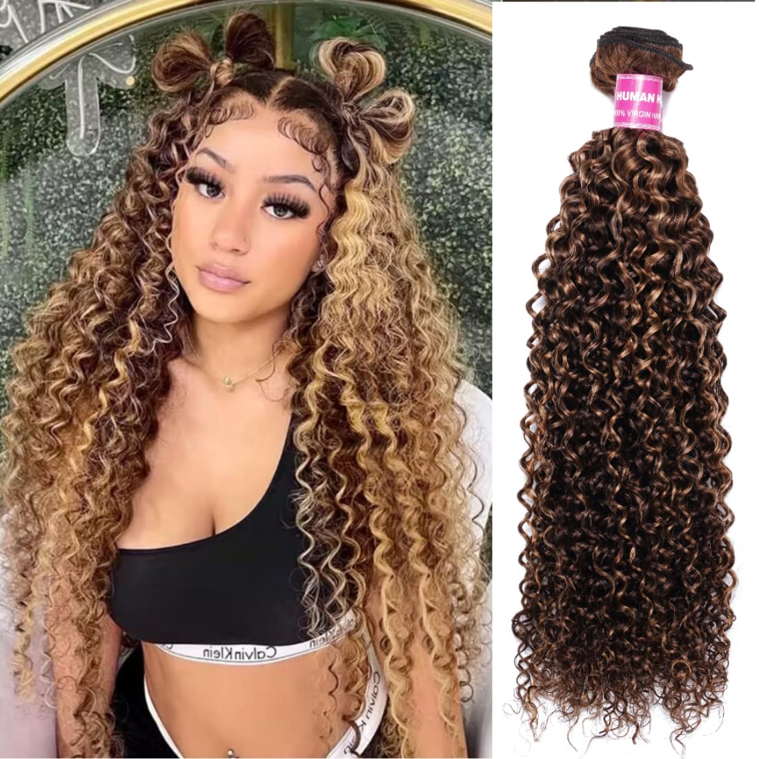 Sunber Human Hair Bundle Honey Blonde Highlight Curly Human Hair Weave Bundle 12A Brazilian Remy TL412 Highlights Balayage Color 18"Inch Human Hair Weave Sew in Extension