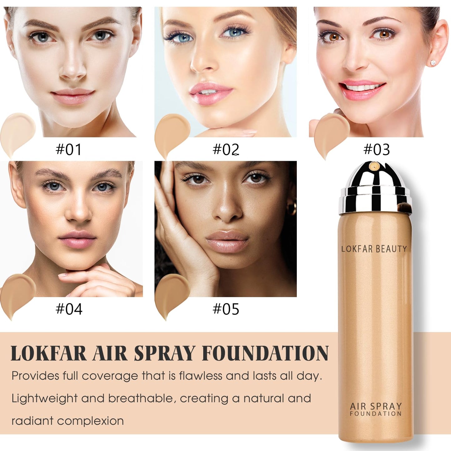 LOKFAR AirBrush Foundation Spray, Silky Mist Foundation Spray Makeup Set with Brush, Full Coverage Foundation for Smooth Radiant Finish, Formula Breathable Lightweight Hydrating | #03 Warm Peach