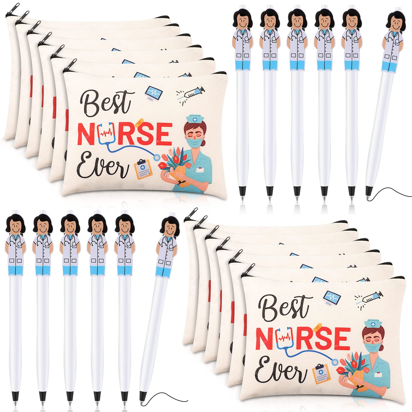 24 Pieces Nurse Appreciation Gifts Set, 12 Nurse Makeup Cosmetic Bag with 12 Cute Doctor Nurse Ballpoint Pens, Nurse Practitioner Gifts Christmas Gifts Nurse Week Day Gifts for Nurse (Classic Style)