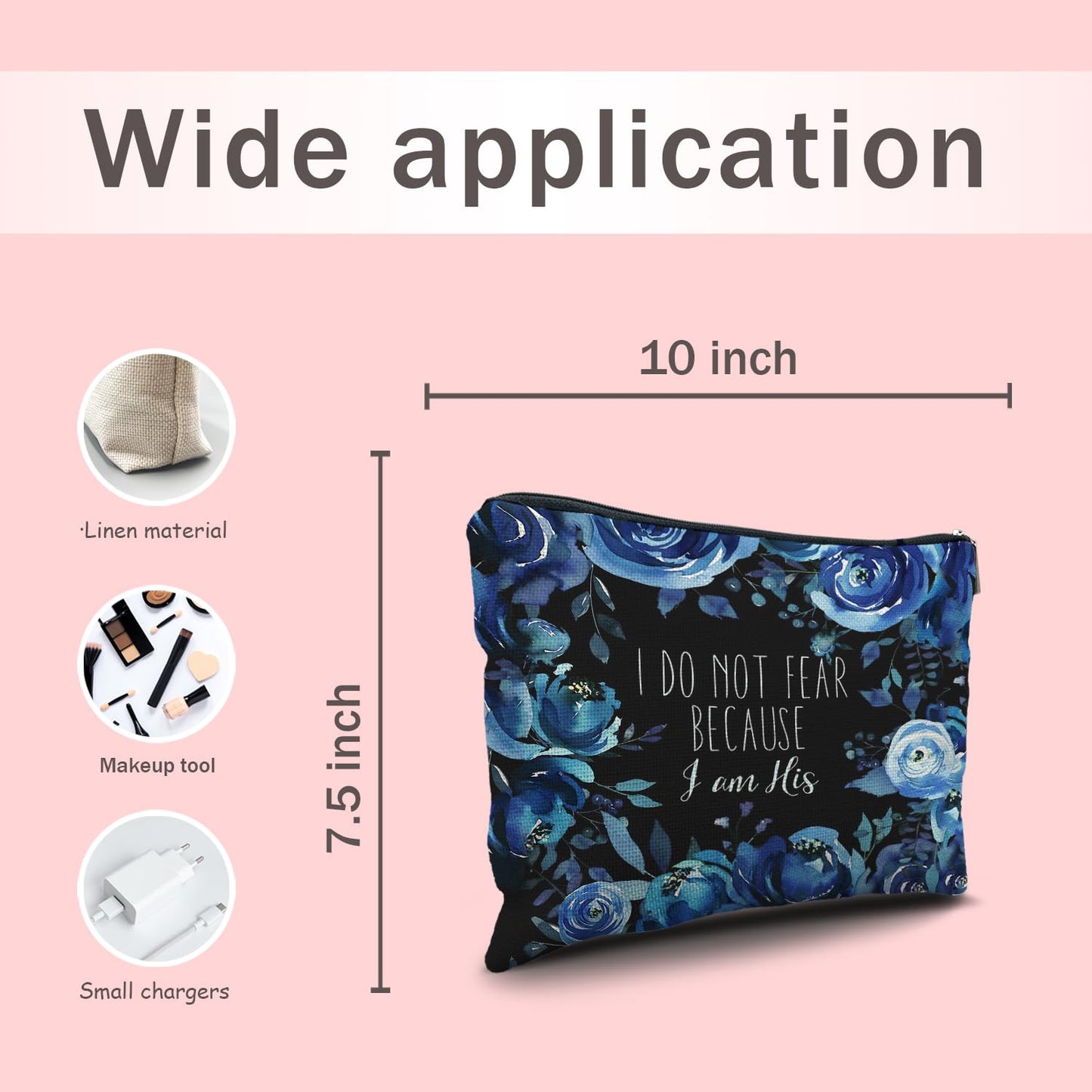 Nogrit Christian Inspirational Makeup Bag Cosmetic Bags for Women, Blue Floral Makeup Bag, Christian Gifts for Women Faith, Religious Bible Verse Small Makeup Cosmetic Bag for Purse, I Do not Fear