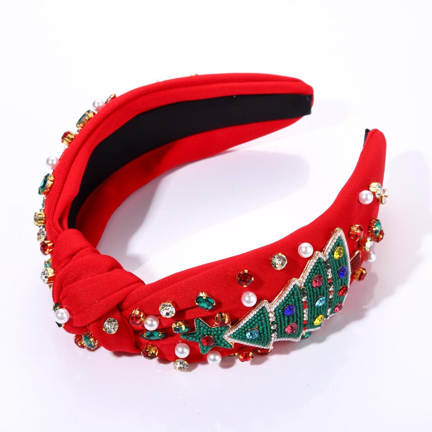 NVENF Christmas Headband for Women Beaded Xmas Tree Headband Jeweled Crystal Pearl Knotted Headbands Wide Top Knot Holiday Headband Christmas Hair Accessories Outfits Gifts (Big Xmas Tree 1)