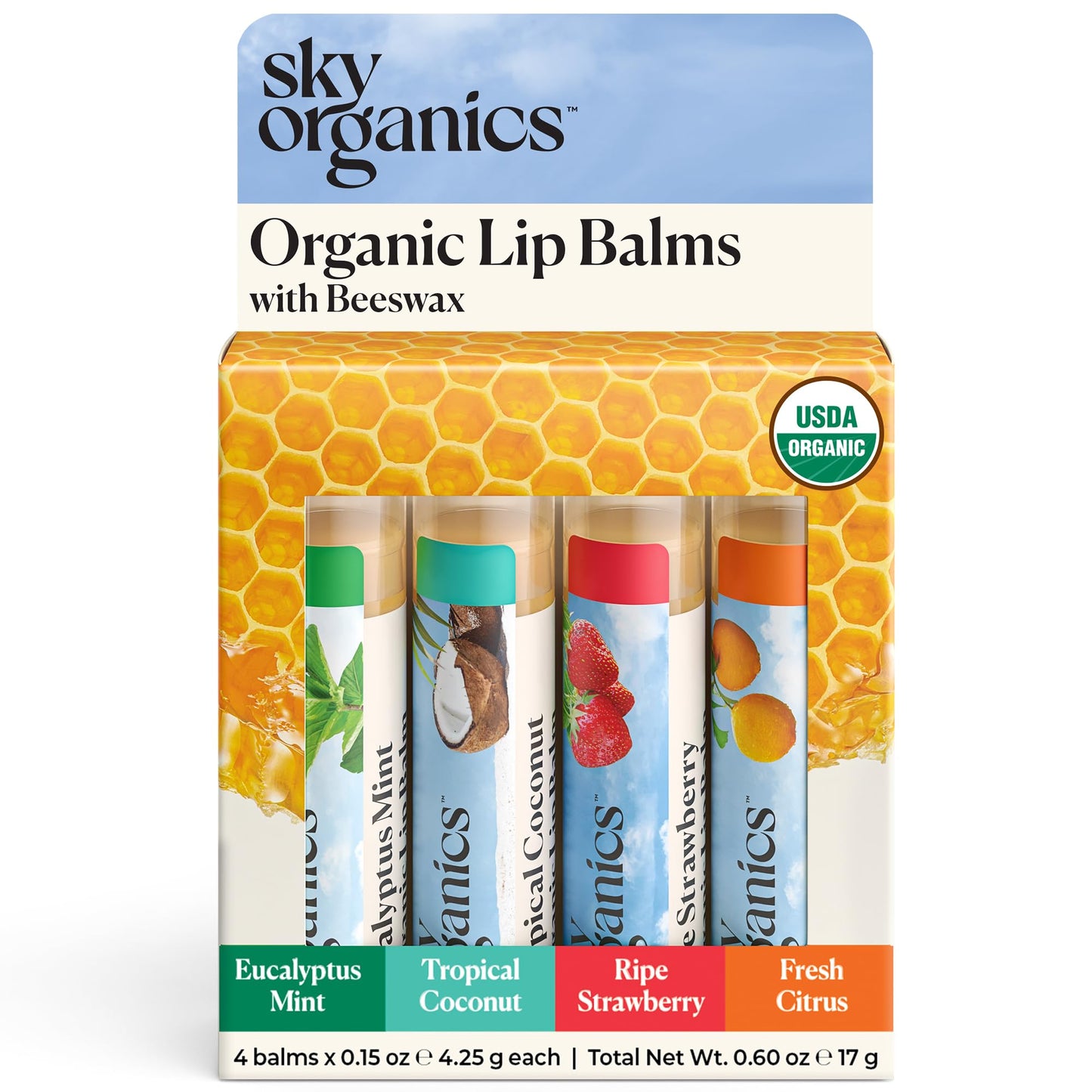 Sky Organics Organic Lip Balm with Beeswax and a Rich Nourishing Blend of Plant Oils, Moisturizing Lips Balms to Lock In Moisture and Keep Lips Feeling Soft and Smooth, Four Assorted Flavors, 4pk.