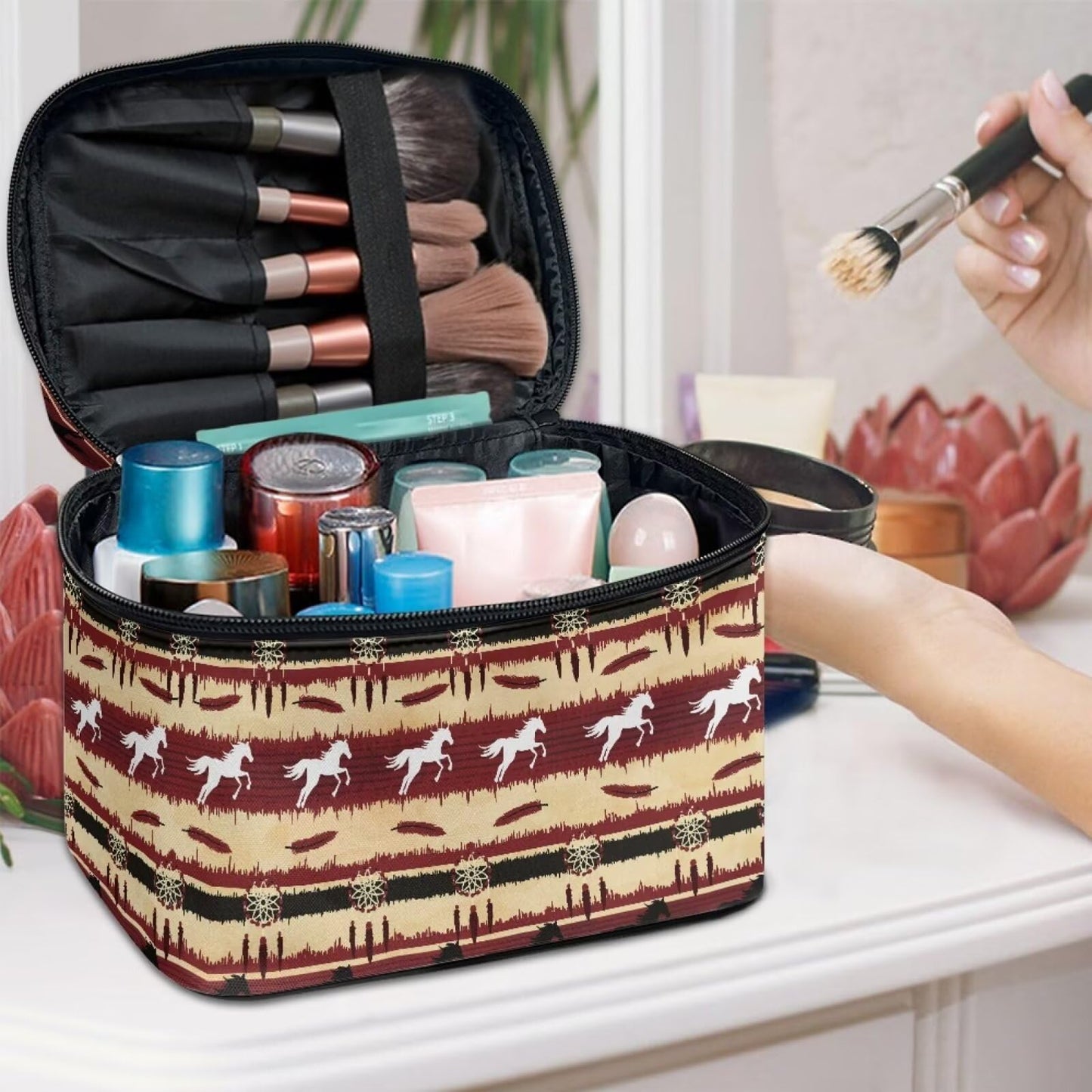 JoyLamoria Aztec Horse Makeup Bag Portable Cosmetic Bag Large Capacity Handbag Wallet Coin Purse Pouch with Handle