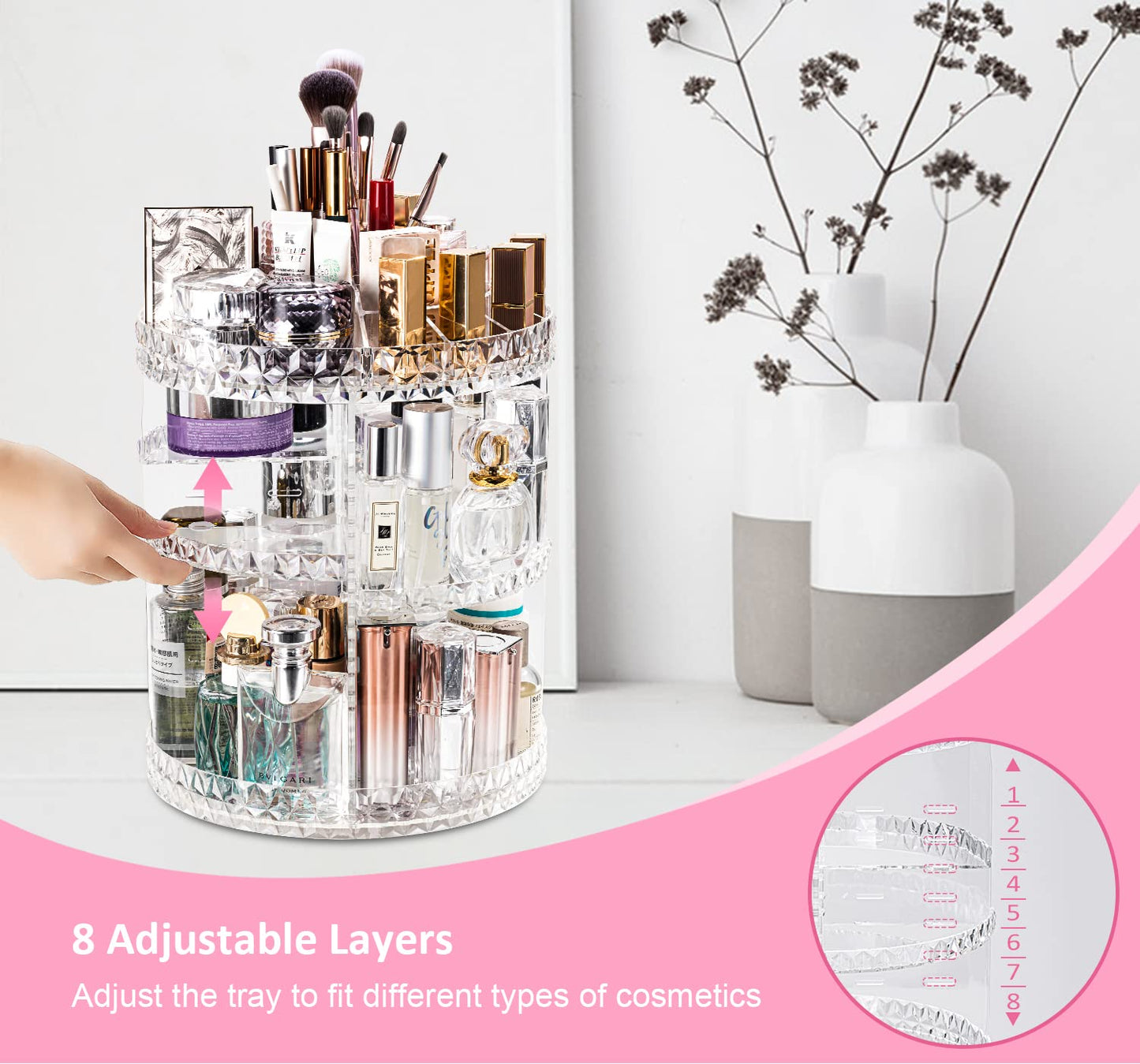 DreamGenius Makeup Organizer, 360 Degree Rotating Perfume Organizer, Adjustable Makeup organizers and storage with 3 Layers, Fits Makeup Brushes Lipsticks and Jewelry, Clear Acrylic