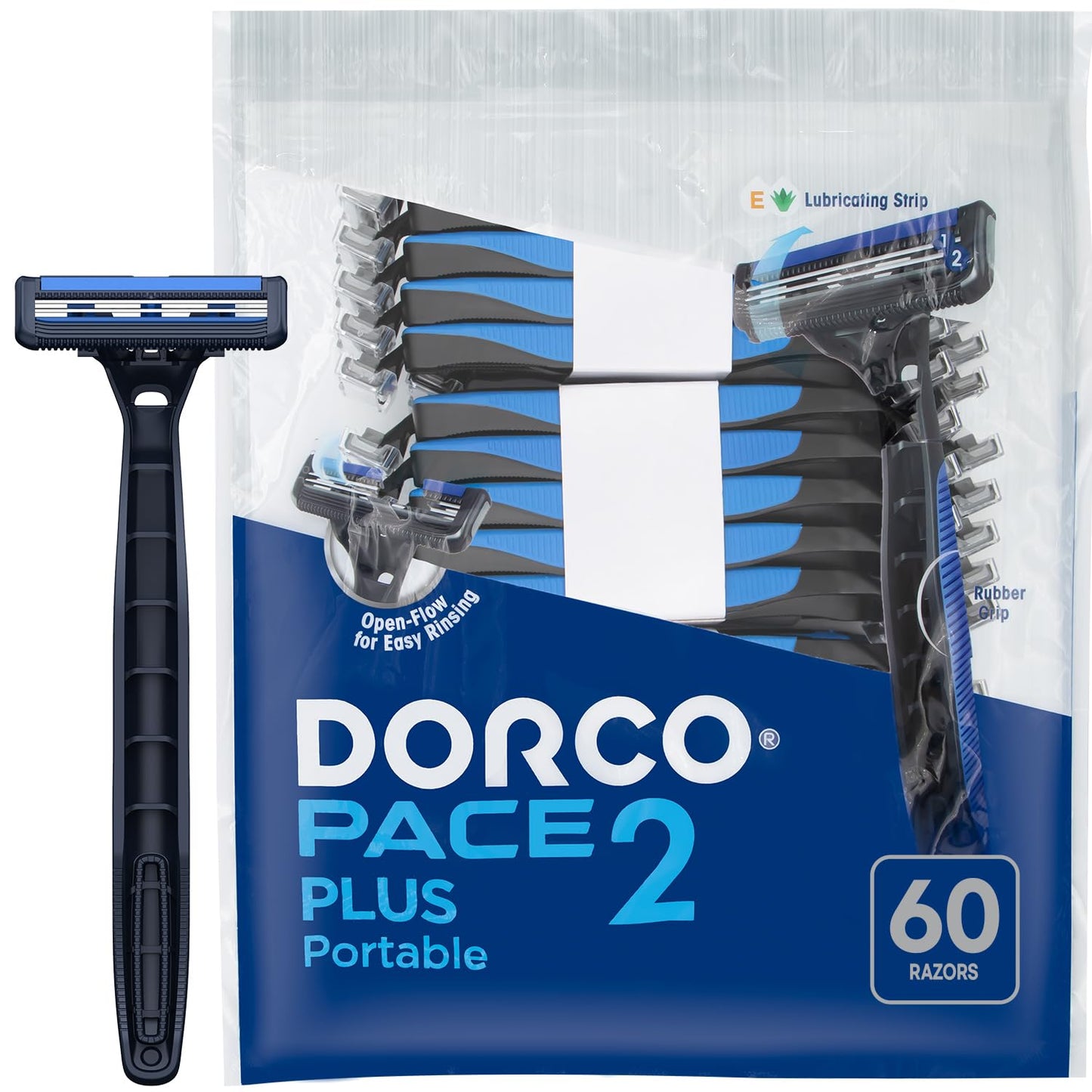 Dorco Pace 2 Plus Disposable Razor 2 blades Pivoting Head Open-Flow for Easy Rinsing with Lubricating Strip and Long Non-Slip Rubber Handle (60ct)