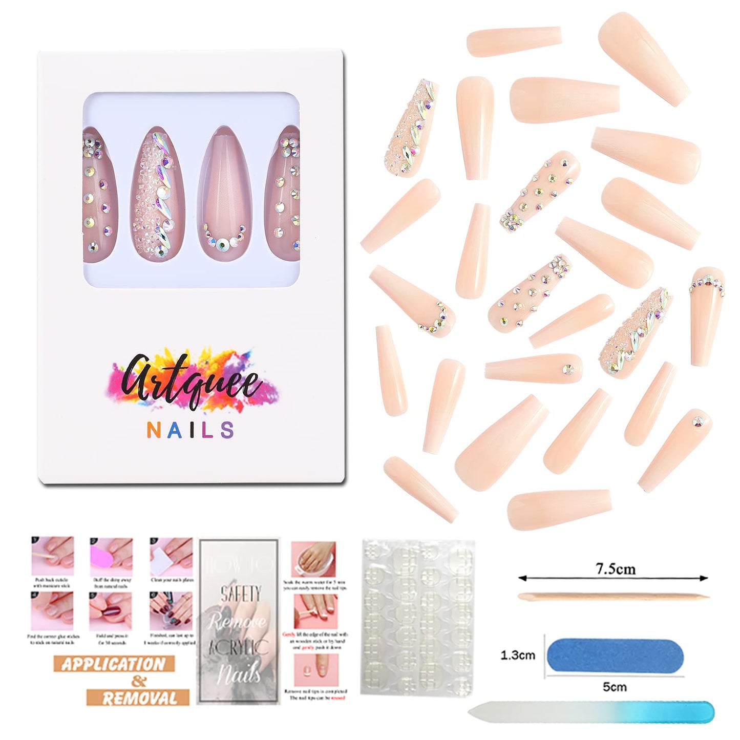 Artquee 24pcs French Nude White Ballerina Water Droplets Drill Flash Diamond Long Glossy Coffin Fake Nails Press on Nail False Tips Manicure for Women