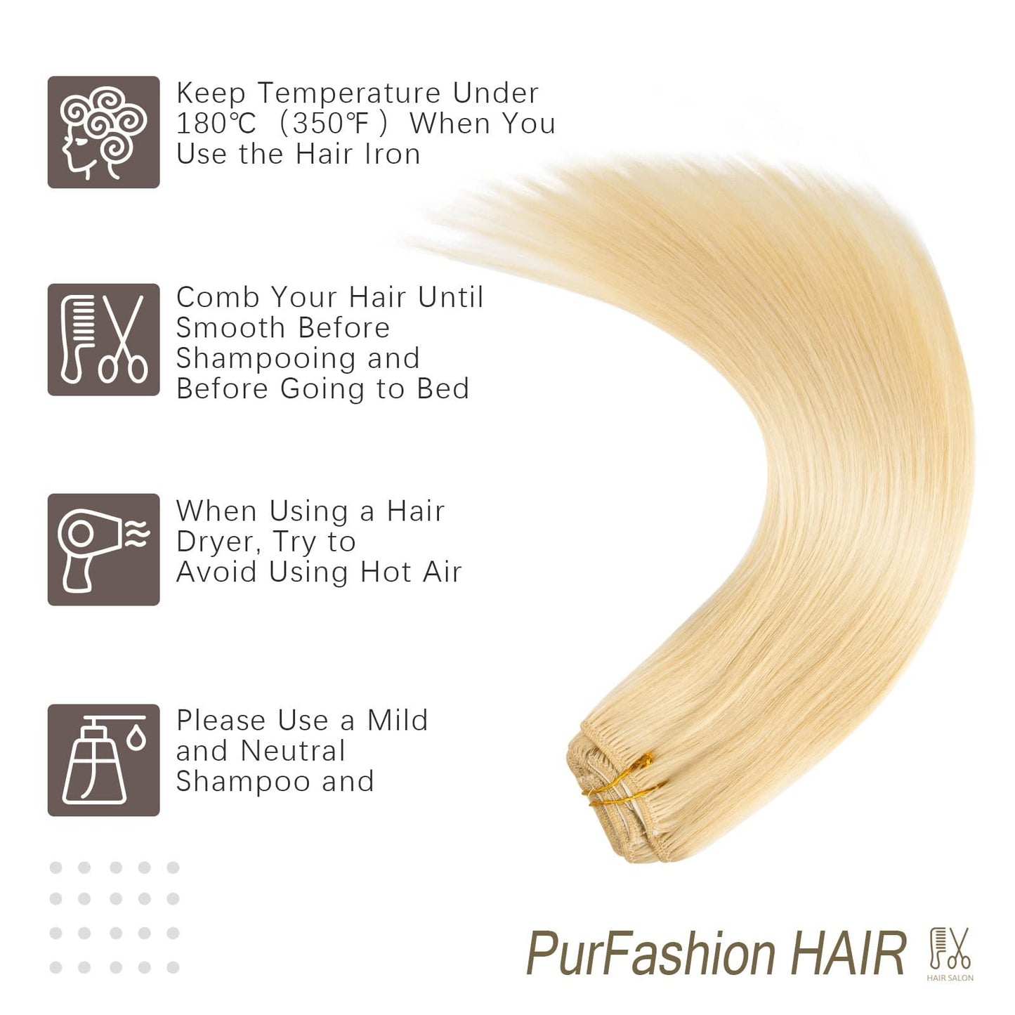 PurFashion Clip in Hair Extensions Human Hair, Color 613 Bleach Blonde Soft Hair Extensions, 70g/package 100% Real Remy Human Hair