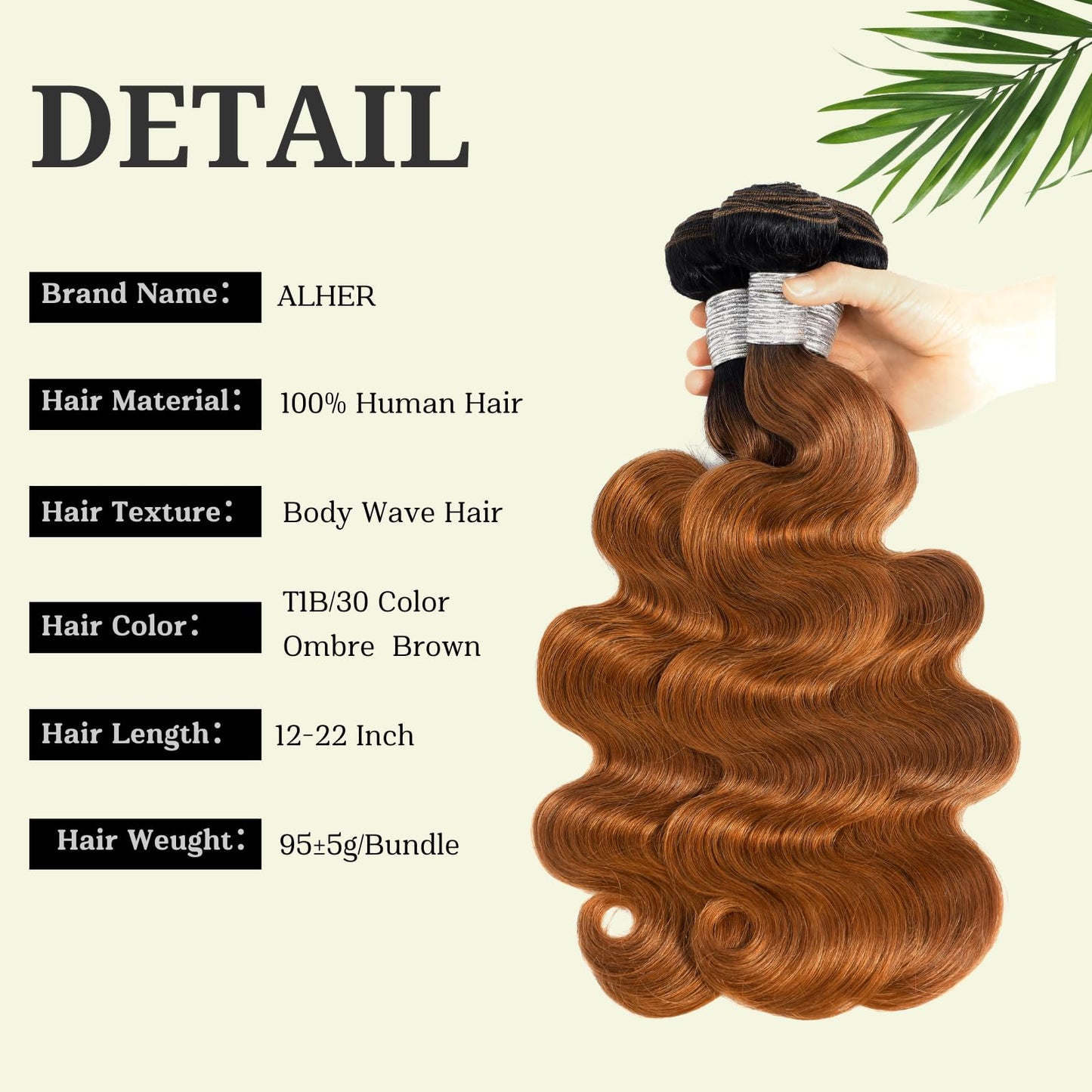 ALHER T1B/30 Ombre Brown Human Hair Bundles 22 IN, 10A Body Wave Black Root Ombre Blond Colored Human Hair Single Bundle, 100% Brazilian Virgin Remy Human Hair for Women Soft Thick Double Weft