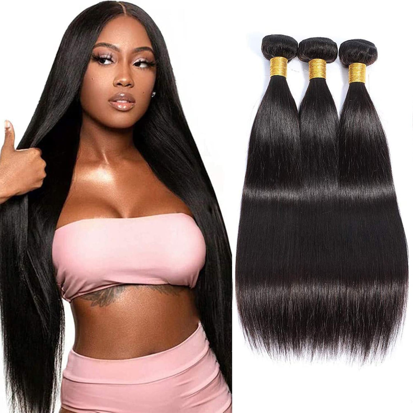 Selina Brazilian Virgin Hair Straight 12 12 12Inch (100g/3.52Oz,Natural Black Color) Human Hair Weave 100% Unprocessed Human Hair Bundles Straight Remy Hair Extensions (12" 12" 12", Straight)