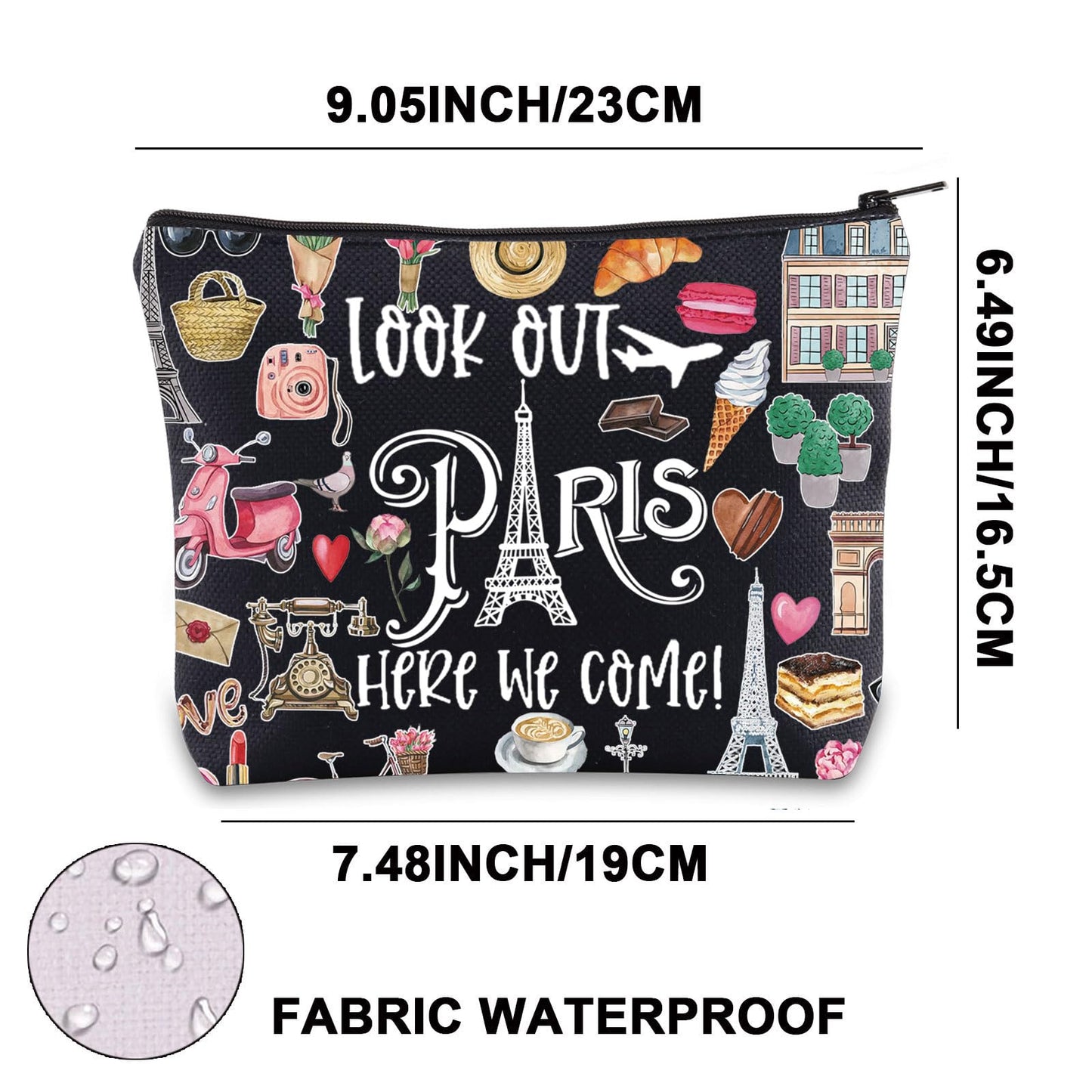 JNIAP Paris Themed Makeup Bag Paris Trip Gifts Paris Travel Bag Paris Toiletry Bag Paris Zipper Pouch Paris Makeup Pouch (look out paris black mb)