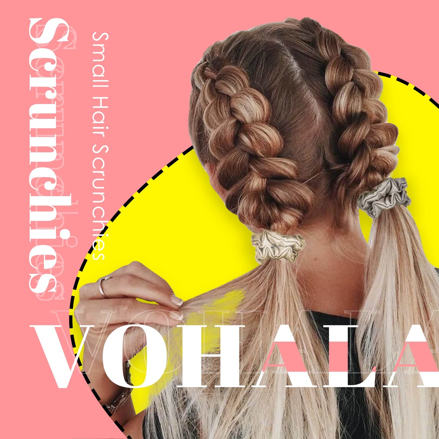 VOHALA 30 Momme Mulberry Small Silk Scrunchies, 5PCS Skinny Silk Scrunchies for Hair & 2PCS Strong Hair Ties Ponytail Holder, Total 7PCS No Damage Luxury Hair Ties for Women (Black+Camel+Gray+Champagne+Beige)