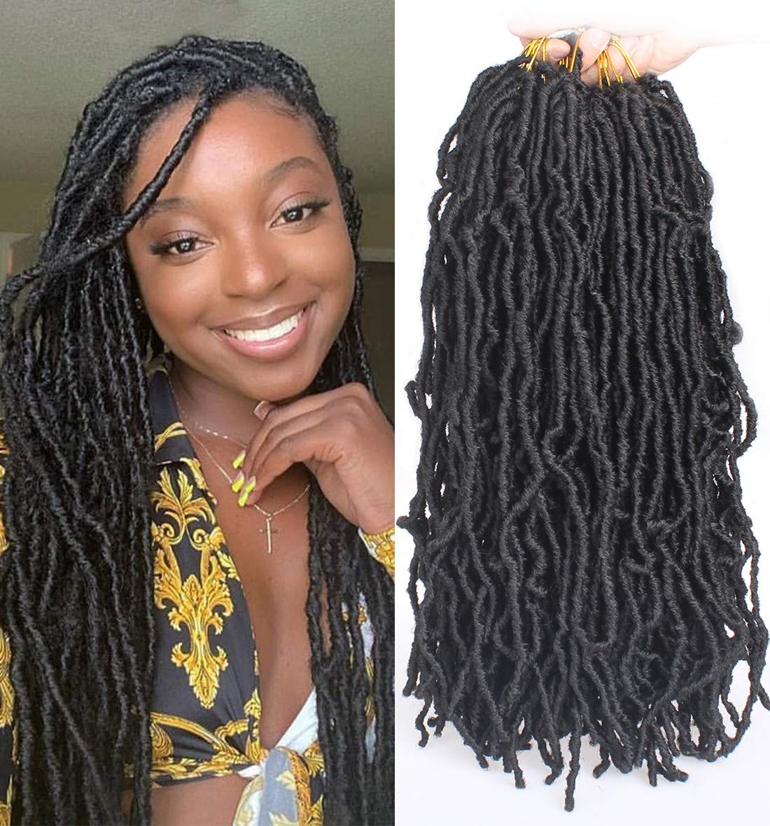 Leeven 24 Inch Long Messy Faux Locs Crochet Braids Hair 7 Packs Natural Black Distressed Faux Soft Locs Crochet Hair 18 Strands/Pack Pre-looped Goddess Locs Crochet Braiding Hair