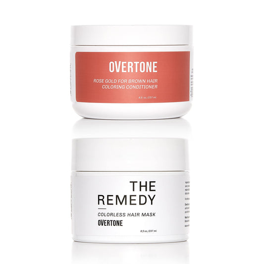 oVertone Color and Hair Mask Duo: ROSE GOLD FOR BROWN Hair Color Depositing Conditioner + The Remedy for Fine Hair DEEP CONDITIONING TREATMENT (2 PACK), Cruelty-Free, Coconut Oil and Shea Butter