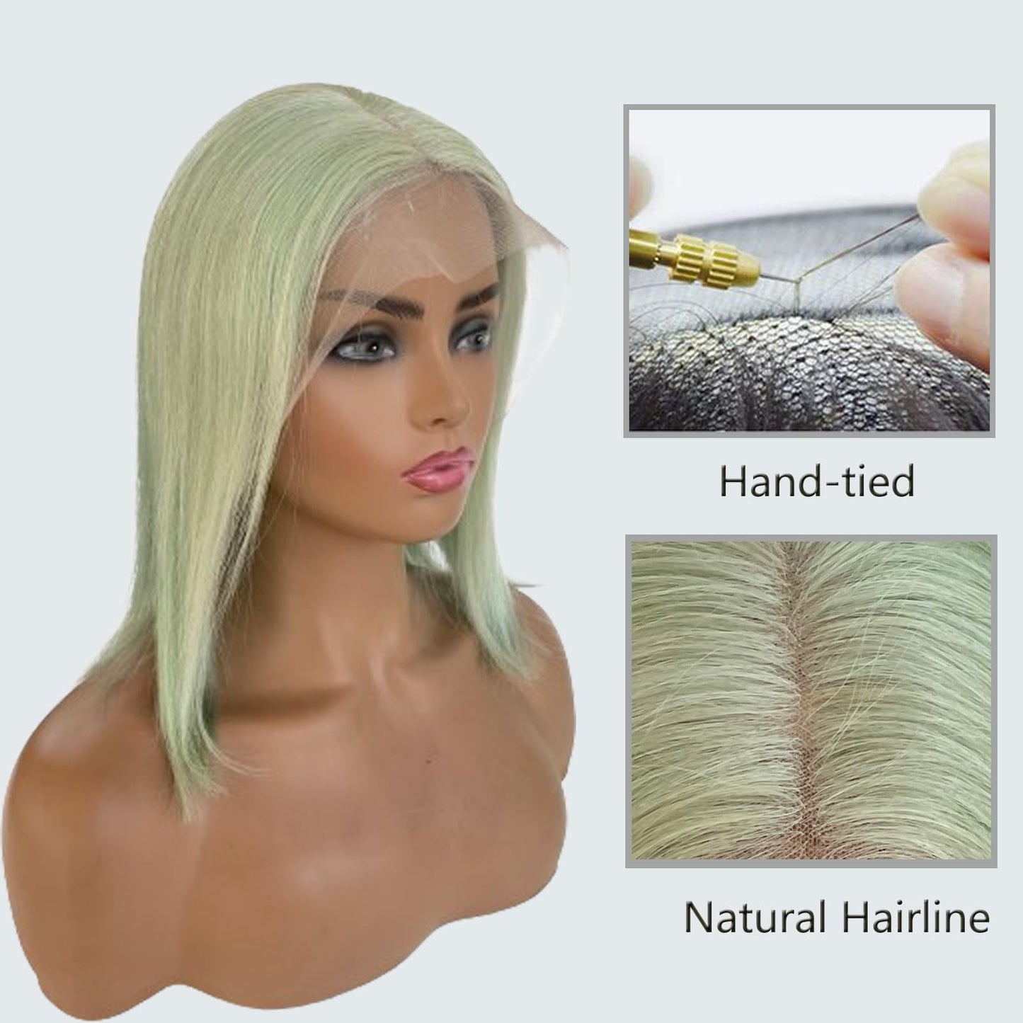 Mint Green Bob Wig Human Hair 10Inch Straight 13x4 HD Transparent Lace Frontal Wig Free Part Wig Short Bob 100% Human Hair Pre Plucked with Baby Hair and Natural Hairline for Women(10Inch,Mint Green)