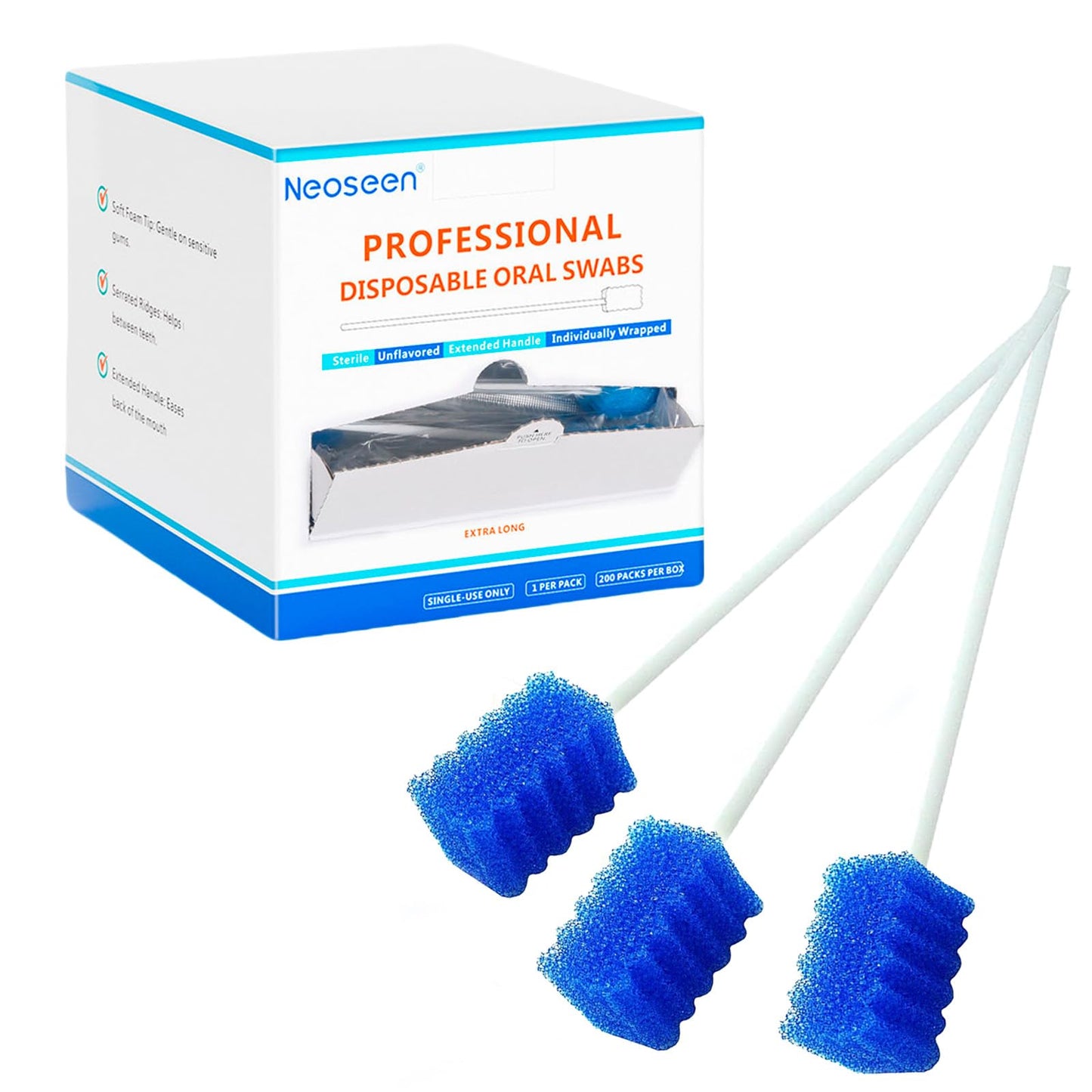 200PCS Oral Swabs Disposable - Longer Sterile & Unflavored Sponge Dental Swabs for Mouth Cleaning - Individually Wrapped (Blue- 200 Counts)