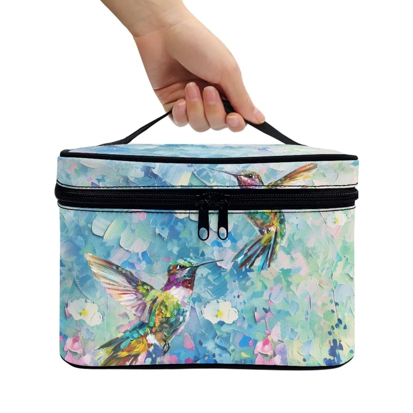 Psaytomey CMakeup Bags for Women Hummingbird Flower Printed Travel Cosmetic Organizer Large Capacity Toiletries Accessories Brush Holder Zipper Case with Top Handle