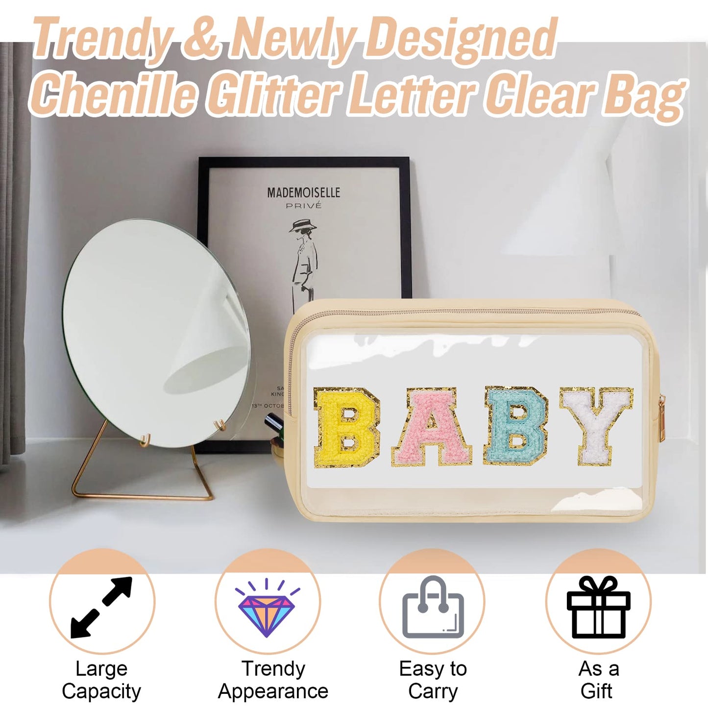 2 Pcs Chenille Letter Clear Makeup Bag Mama Baby Pouch, Mama Baby Hospital Duffle Bag Clear Diaper Bag Organizing Pouches with Zipper, Travel Baby Toiletry Bag Nylon Cosmetic for Women Girl(MAMA+BABY)