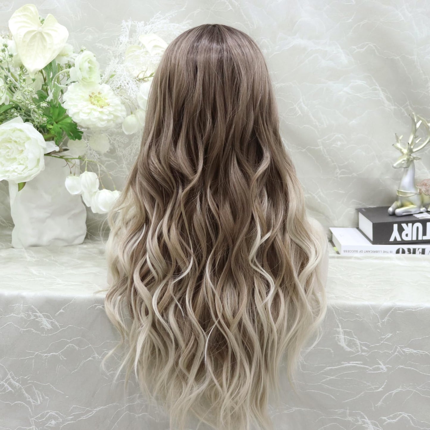 IMSTYLE Long Ombre Brown Wig: 13x4 Synthetic Lace Front Wig, Free Part Natural Hairline Long Wavy Wig Heat Resistant Fiber Daily Wigs Hair Replacement Wig Cosplay Costume Halloween Wigs (Ombre Brown)