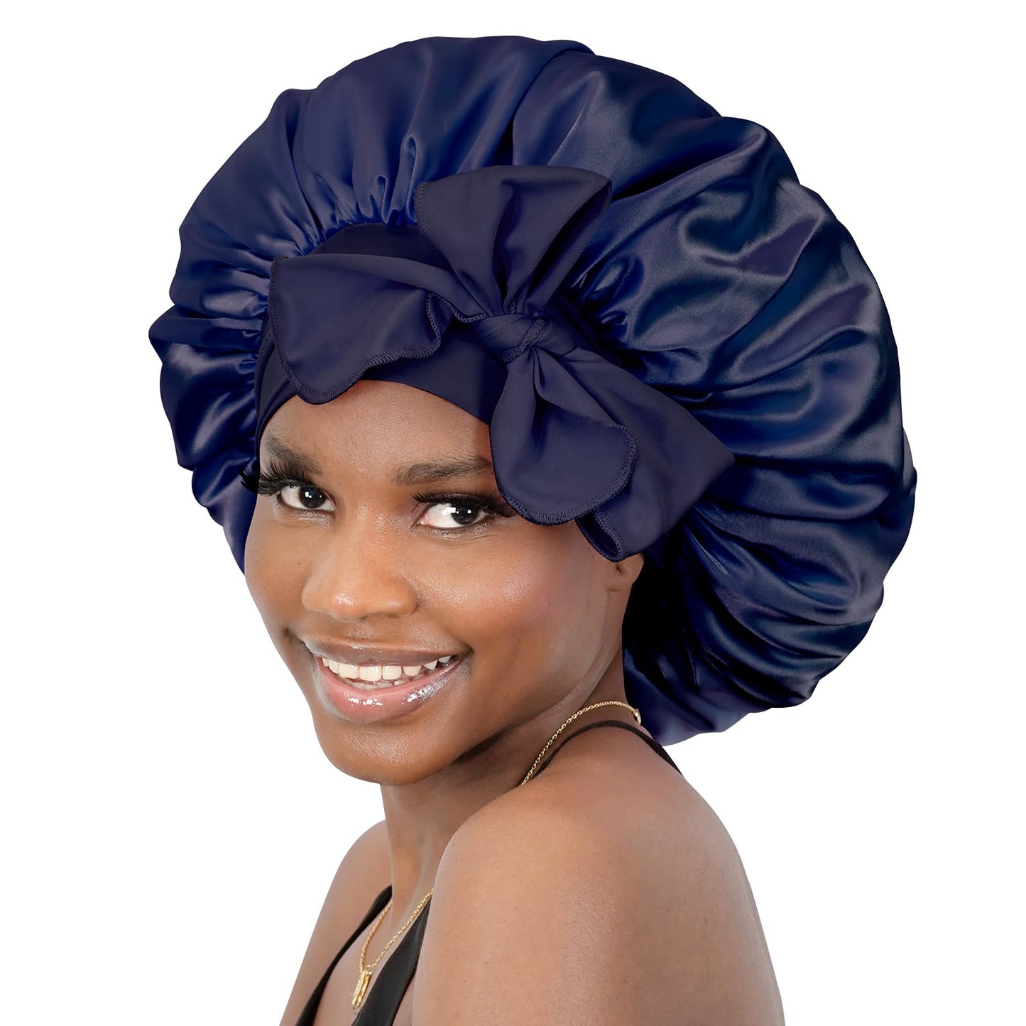 BONNET QUEEN Silk Bonnet for Sleeping Women Satin Bonnet Hair Bonnet Night Sleep Cap Scarf wrap for Curly Hair with tie Band Dark Navy Blue