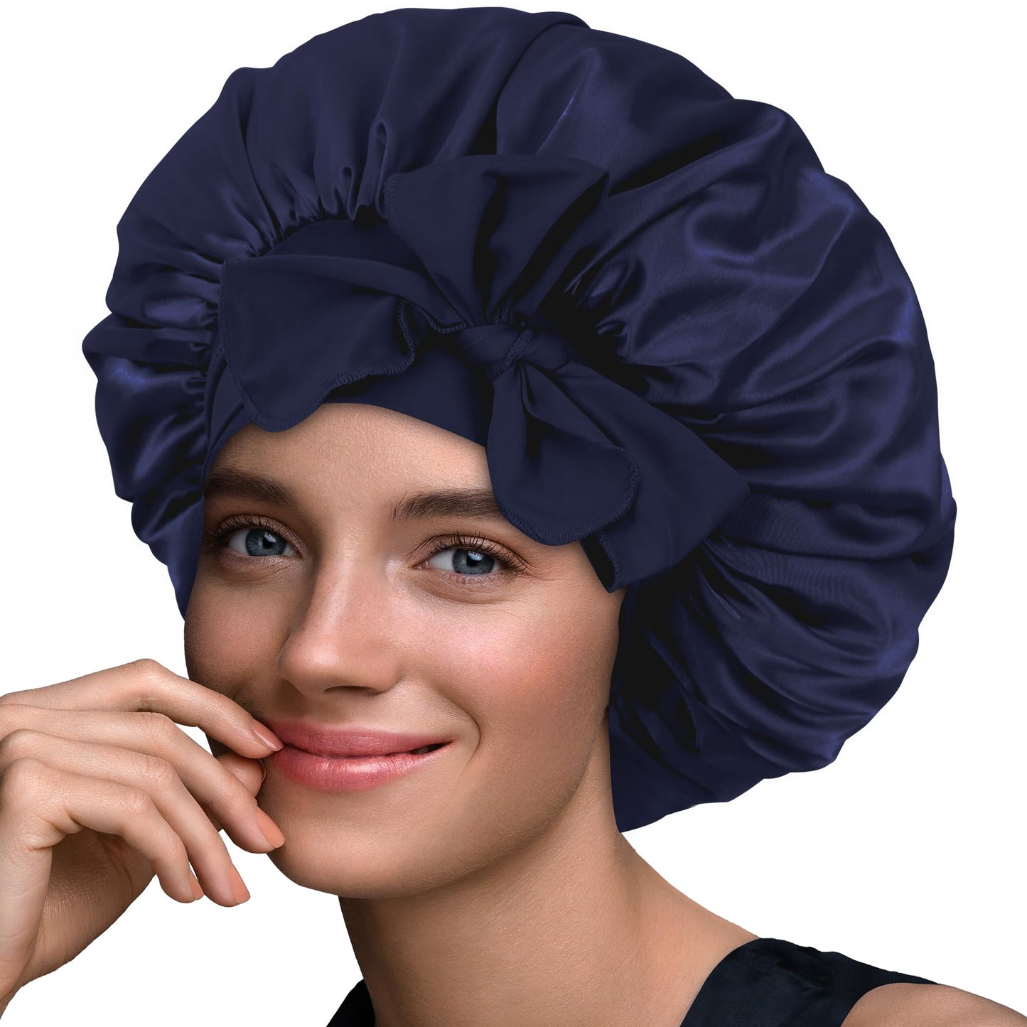 BONNET QUEEN Silk Bonnet for Sleeping Women Satin Bonnet Hair Bonnet Night Sleep Cap Scarf wrap for Curly Hair with tie Band Dark Navy Blue