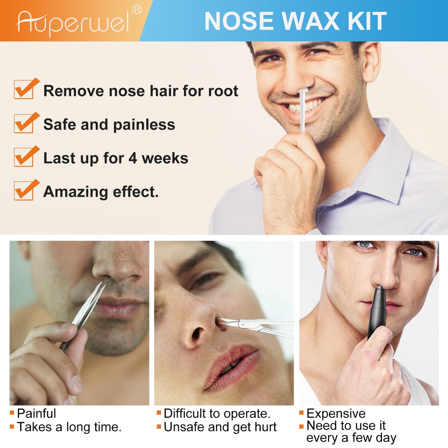 Nose Wax Kit, Auperwel Nose Ear Hair Instant Removal Kits 15-20 Times Usage, Nostril Waxing Kit for Men Women, Safe Easy Quick, 100g Wax, 20 White Stick Applicator, 15 Mustache Guards, 10pcs Paper Cup