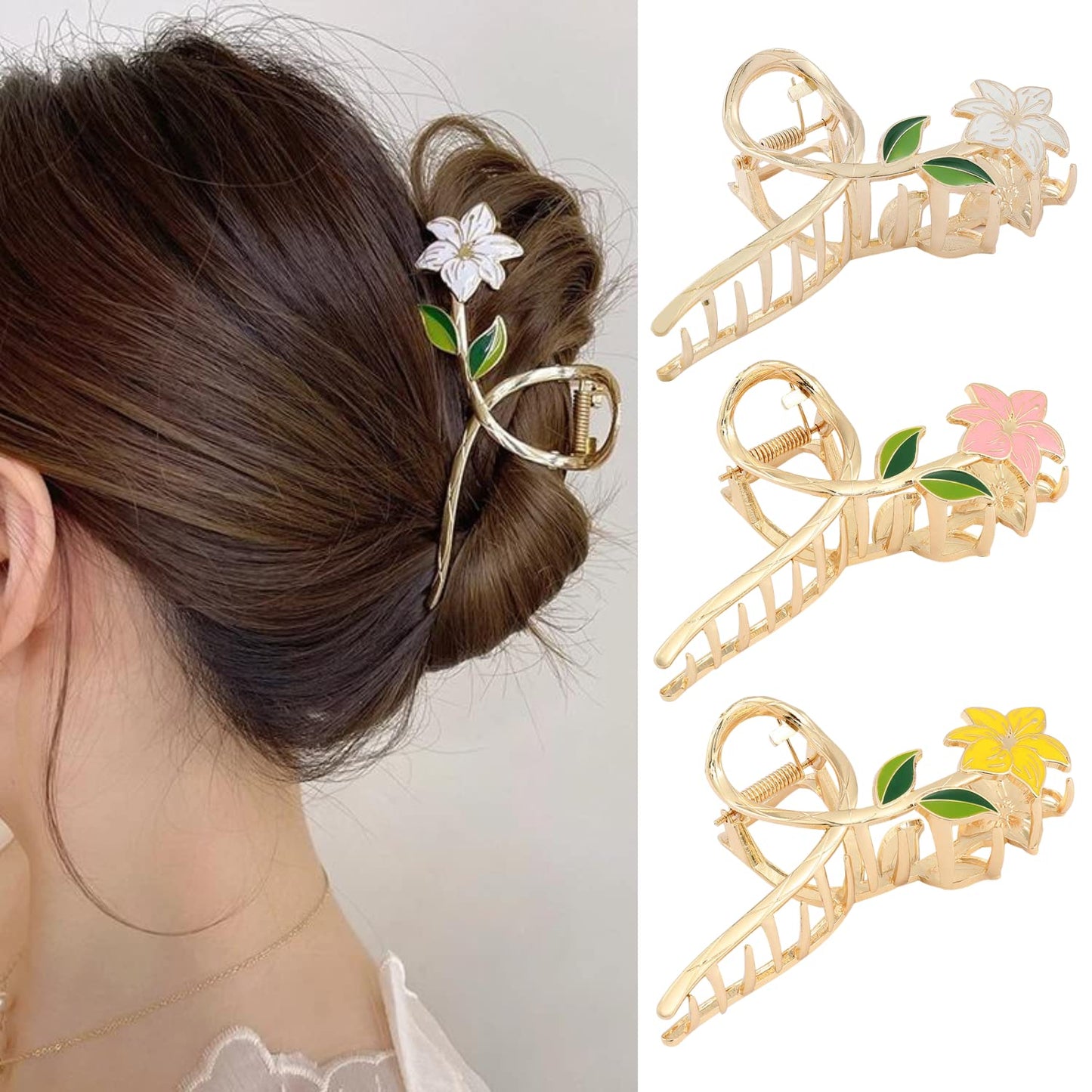 Hair Clips Flower Claw Clips Flower Clips for Women Cute Claw Clips for Thick Hair Large Pink Yellow Flower Hair Clip Metal Gold White Floral Hair Accessories Banana Clip Summer Hair Decorations 3Pcs