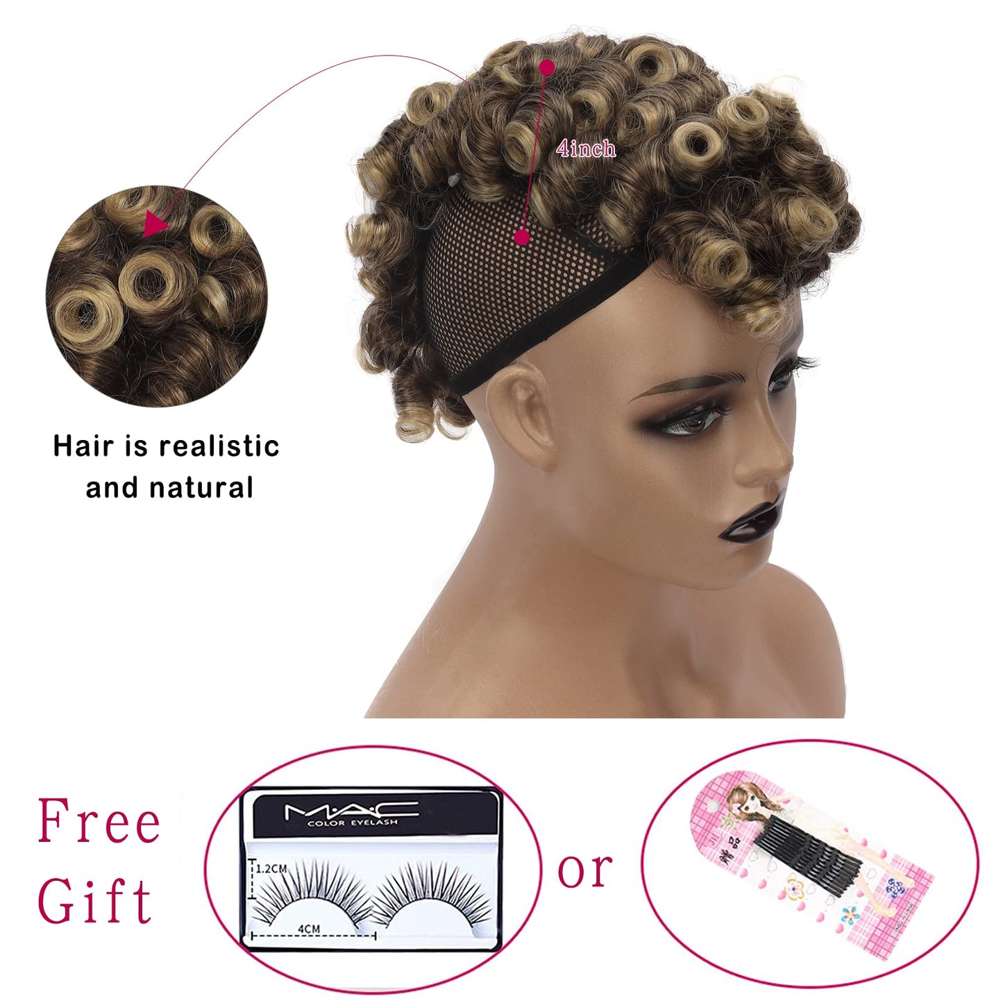 Oseti Short Curly Mohawk Wigs Faux Hawk Hair Clip in Hair Extension for Women Ombre Light Brown Mohawk Ponytail Wig, Deep Wave High Afro Puff Drawstring Ponytail with Bangs Hairpieces for Black Women